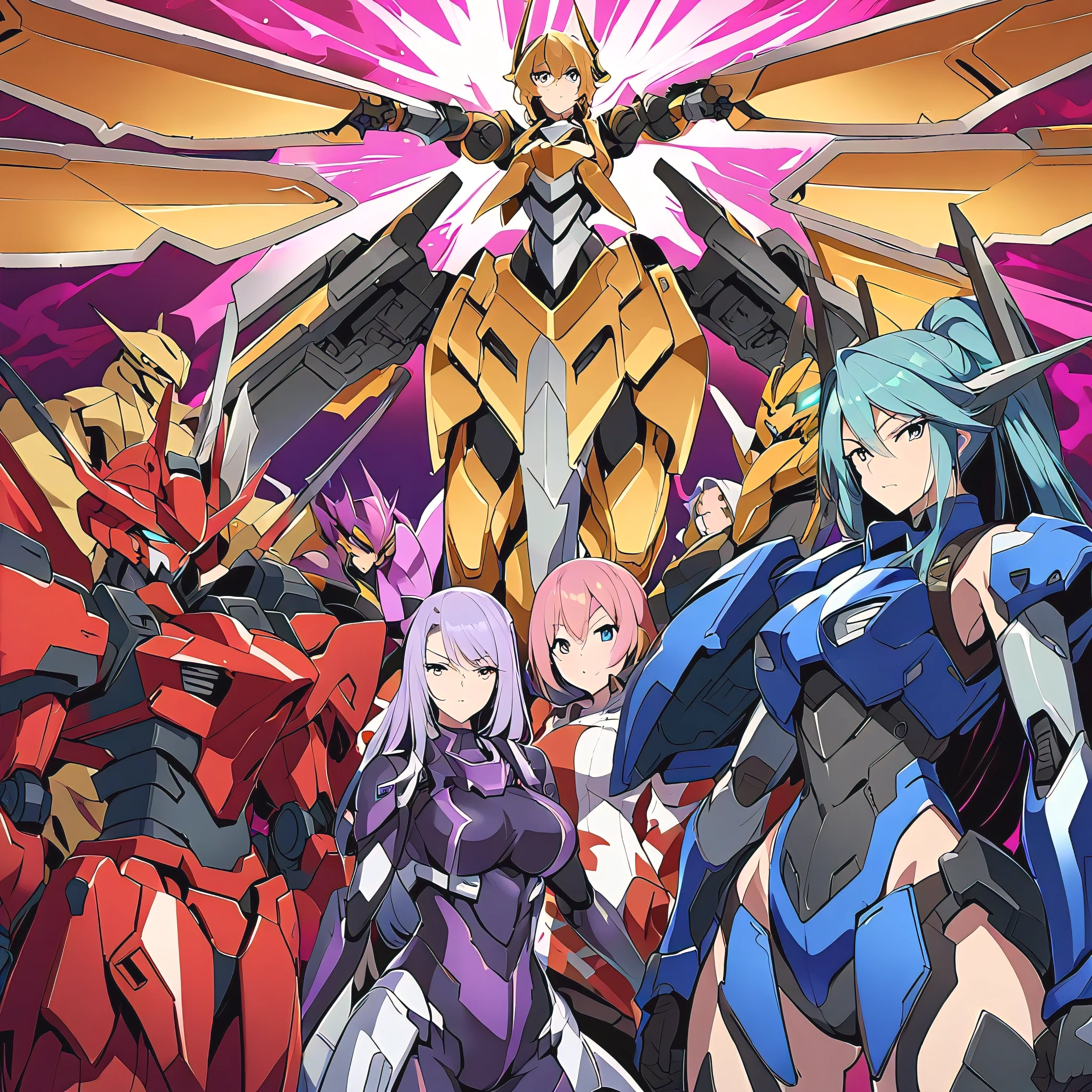 Anime, high detailed, multiple womans, mature womans, shiny-like mecha armor, large mechanical wings, large Gauntlet, serious, curvy body, long mechanical wings, mecha weapons、Colored armors、magenta Colored aura、BLUE Eyes, elongated pupils,  Mature Woman、magenta aura、womans surrounding, background a crumbled city