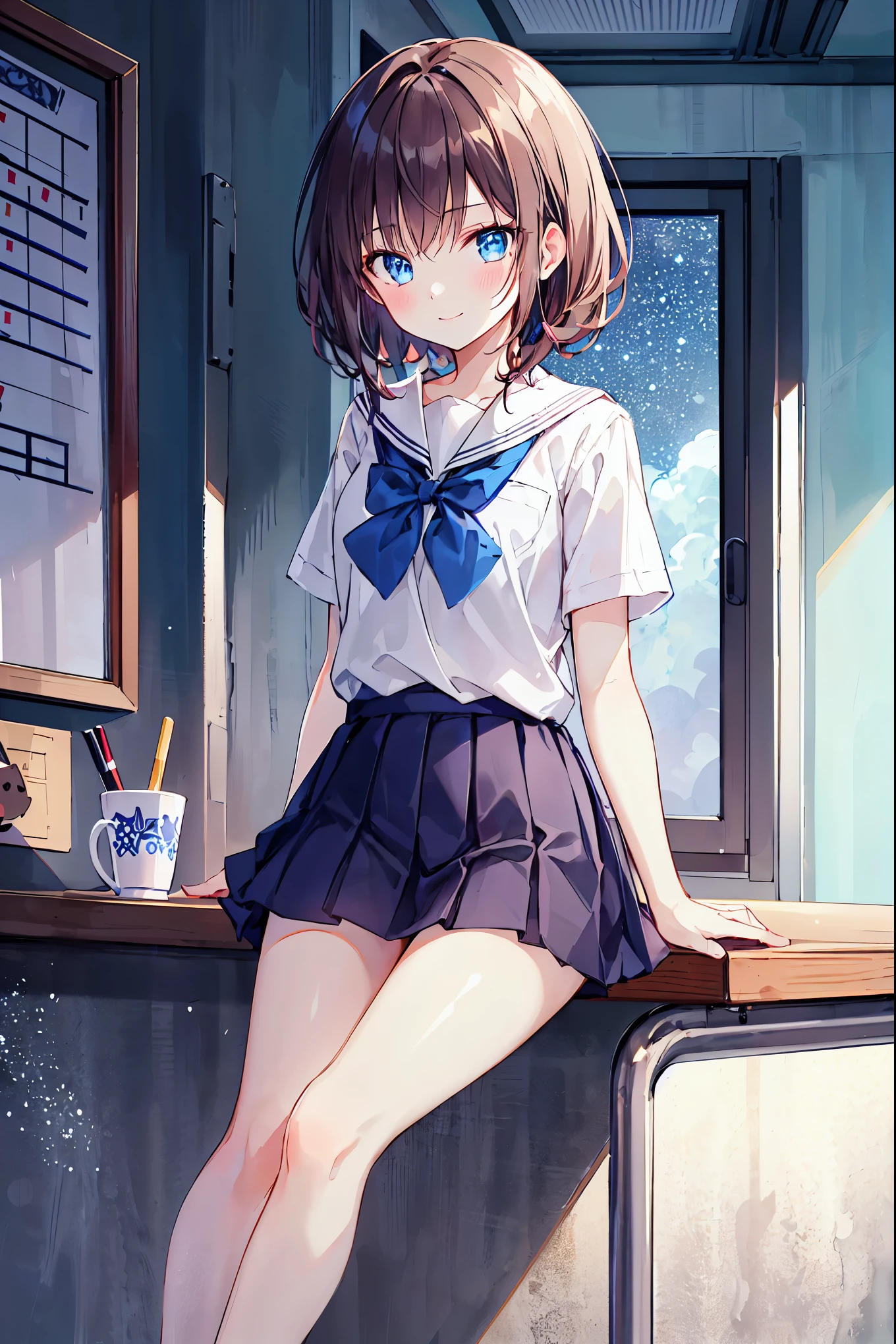 masterpiece, Highest quality, High range, YM1, Blue sailor collar, Blue Skirt, Short sleeve, White shirt, White socks, Seraphim, Pleated skirt, school uniform, Blue Sheet, Sitting, classroom, window, Raise your hand,Brown Hair,Shortcuts,Messy Hair,Slender beauty,Small chest,Beautiful feet