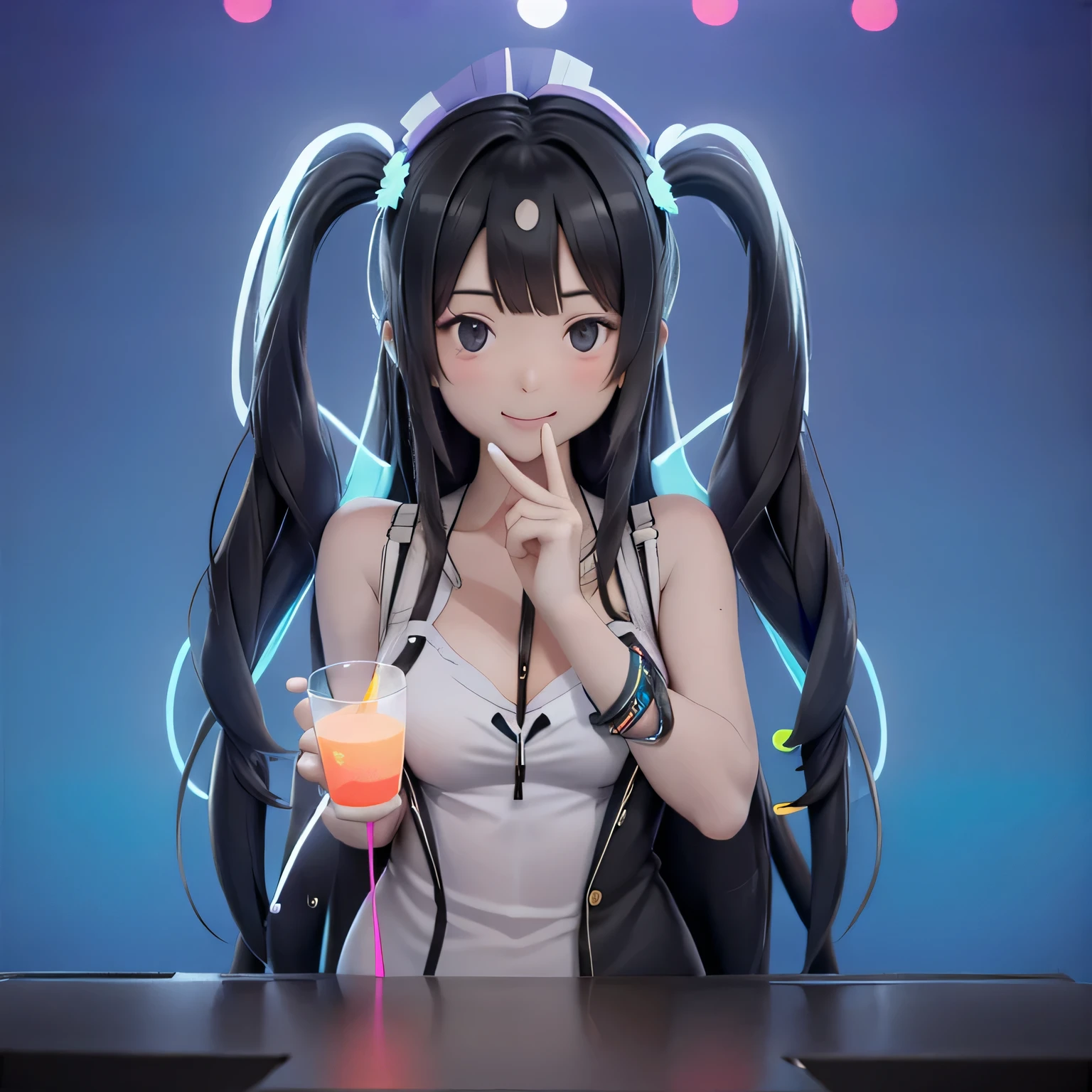 bartender girl,A big smile,Juice Bar,non-alcoholic,Put your hands on the counter,Neon light illumination