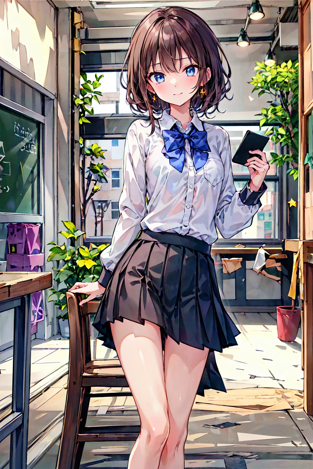 1 girl, 中程度の長さのBrown Hair,  Your enchanting gray-blue eyes shine like stars,   school uniform, White top,  Black Skirt , classroom,  High Resolution , Ultra Sharp, 8k, masterpiece,  is staring at viewers， The depth of the boundary is written, Brown Hair， shortcuts，Messy Hair，Short braided hair，Neat，Slender beauty，Correct posture，Small chest，Beautiful legs， Your enchanting gray-blue eyes shine like stars，Droopy eyes，Vibrant colors, beautiful eyes,A delicate smile,Textured Skin, best quality , gentle and beautiful woman ,Anime Style､