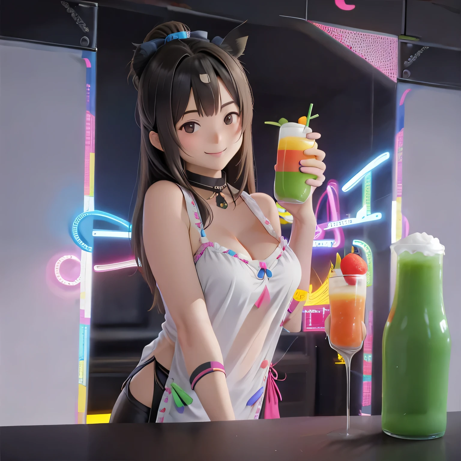 bartender girl,A big smile,Juice Bar,non-alcoholic,Put your hands on the counter,Neon light illumination