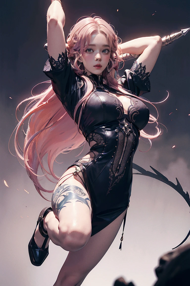 (Full Body Shot),(Large Breasts),((The abdominal muscles are very pronounced)), ((((Pink Hair))),  detailed portrait of an adult woman in a dark fantasy setting that makes you feel mysterious and dangerous, Bright blue eyes that emanate a sense of danger [Detailed eyes, Bright blue:1.1], [Black Leather Look], adorned with Intricate tattoos all over her body [Intricate tattoos:1.1], He has dragon scales on his arms [Dragonの鱗のタトゥー] ,Enhance the suspenseful atmosphere.  The color palette is mostly dark and muted tones ., with hints of Red and purple accents [A dark and muted color palette, Red and purple accents], 神秘性と危険性を感じさせる. The lighting emphasizes the sharp edges and Intricate details of the assassin's attire and tattoos,  adds depth and texture to the overall composition  [Enhances sharp edges, Intricate details]. The image quality is excellent, with  Attention to Details [Best Quality,  Attention to Details:1.2], Showcasing the talents of artists&#39;Technical skill and mastery of light and dark. The art style is realistic yet、There is also a fantasy atmosphere.., Capture the essence of the dark and intriguing world of the dungeon & Dragon [ adds a touch of fantasy Realistic Art Style ],nsfw:0.9,