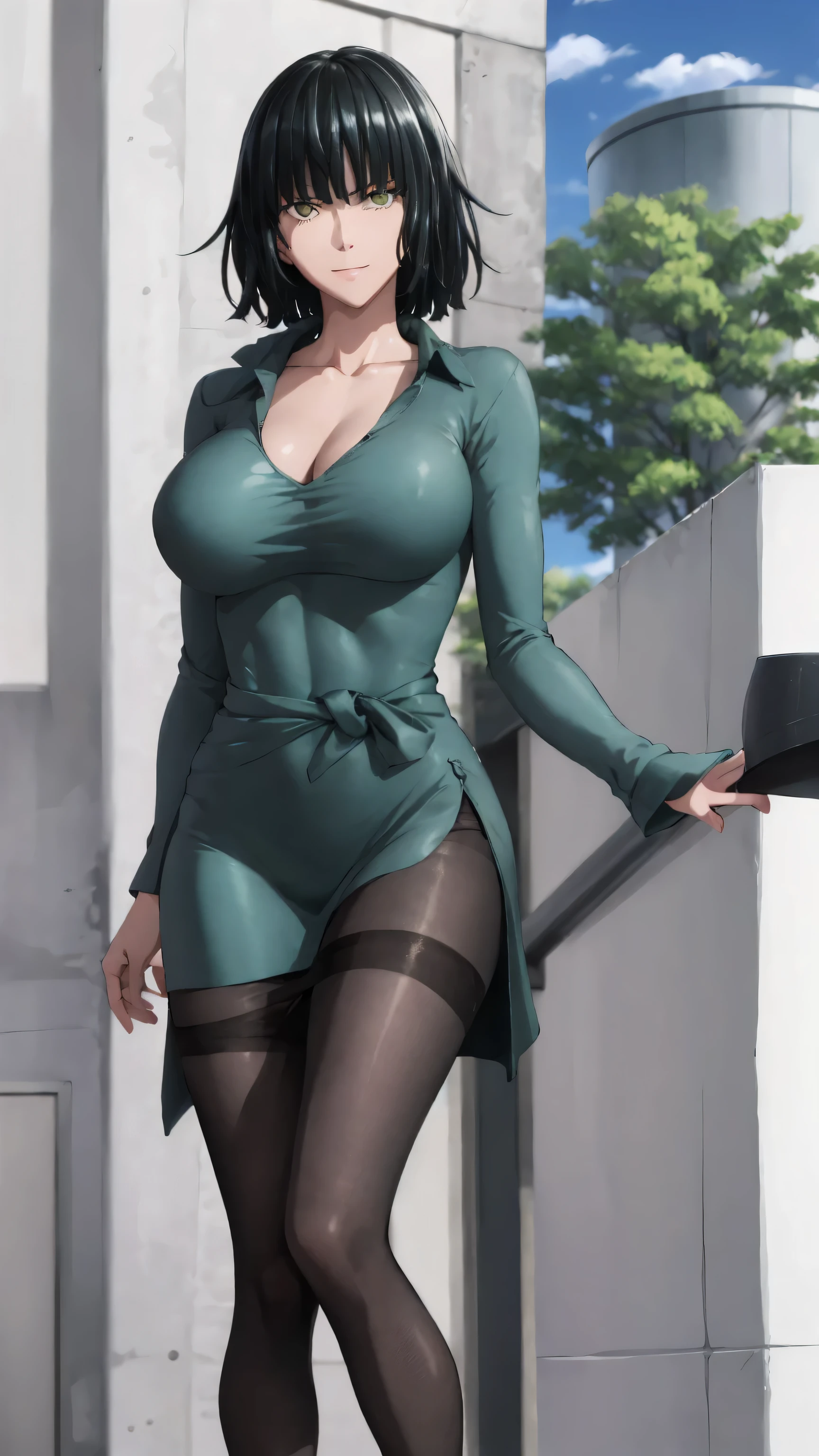 Fubuki from anime one punch man, fubuki, Best quality, Masterpiece, Ultra-detailed, Detailed light, (RAW photo:1.2), (Photorealistic:1.4),(Masterpiece:1.3),(Best quality:1.4), 1girll, Solo, Waist up, short hair , don't have clothes，Naked of breast，huge tit，nacked hip，Giant buttocks，Golden breasts，Intimidation eyes, Tight dark green torn dress, pantyhose, A disdainful smile, pink nipples, cleavage, torn clothes, nipples, (pink nipples), Long pantyhose to the waist, just wearing pantyhose