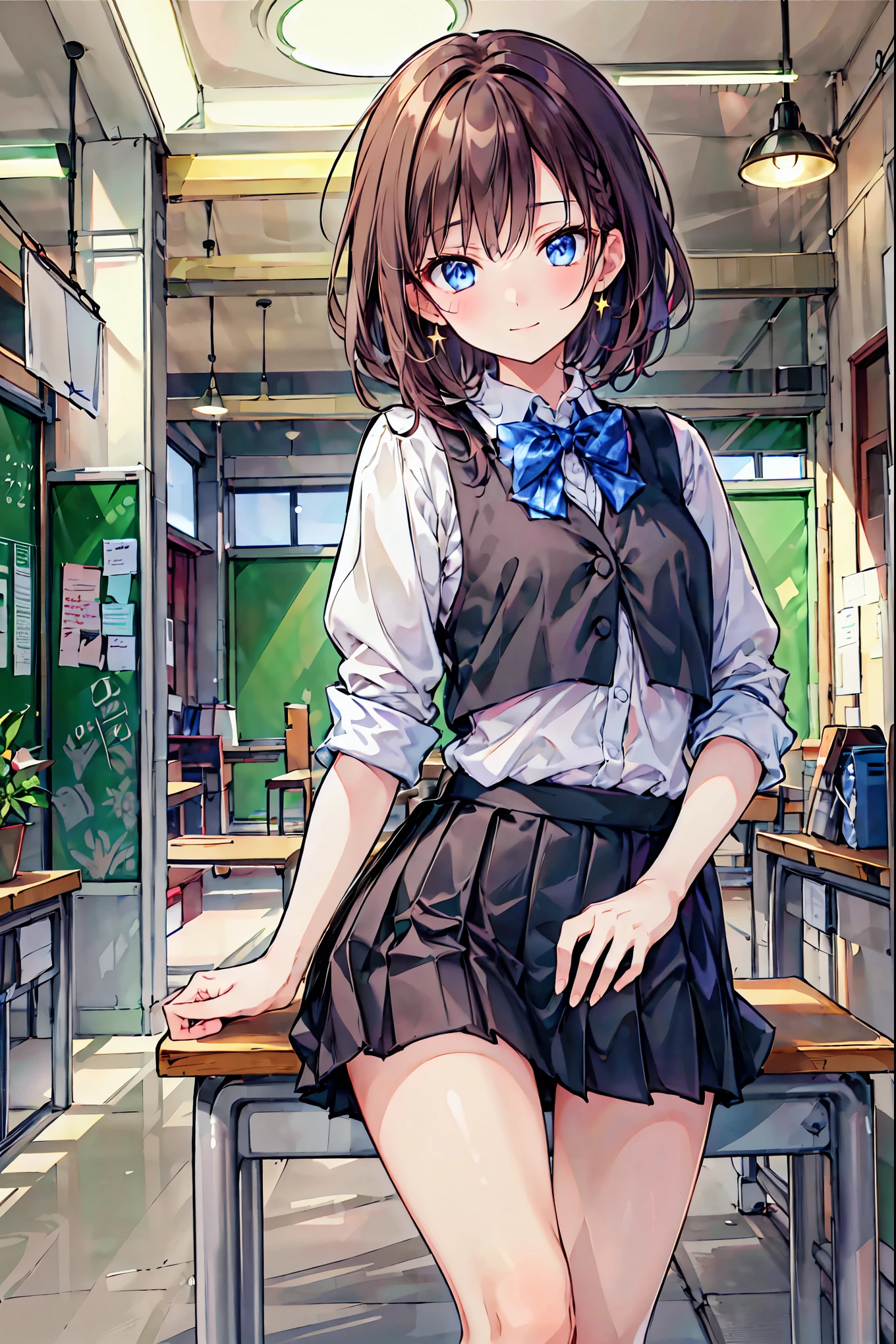 1 girl, 中程度の長さのBrown Hair,  Your enchanting gray-blue eyes shine like stars,   School Uniform, White top,  Black Skirt , classroom,  High Resolution , Ultra Sharp, 8k, masterpiece,  is staring at viewers， The depth of the boundary is written, Brown Hair， shortcuts，Messy Hair，Short braided hair，Neat，Slender beauty，Correct posture，Small chest，Beautiful legs， Your enchanting gray-blue eyes shine like stars，Droopy eyes，Vibrant colors, beautiful eyes,A delicate smile,Textured Skin, best quality , gentle and beautiful woman ,Anime Style､