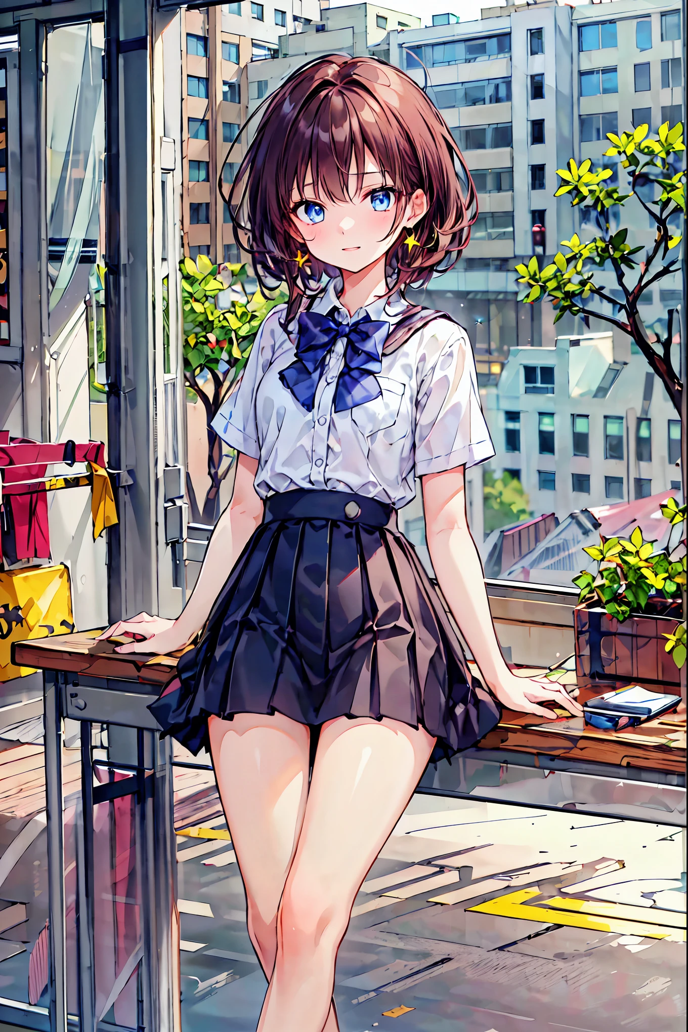 1 girl, 中程度の長さのBrown Hair,  Your enchanting gray-blue eyes shine like stars,   School Uniform, White top,  Black Skirt , classroom,  High Resolution , Ultra Sharp, 8k, masterpiece,  is staring at viewers， The depth of the boundary is written, Brown Hair， shortcuts，Messy Hair，Short braided hair，Neat，Slender beauty，Correct posture，Small chest，Beautiful legs， Your enchanting gray-blue eyes shine like stars，Droopy eyes，Vibrant colors, beautiful eyes,A delicate smile,Textured Skin, best quality , gentle and beautiful woman ,Anime Style､