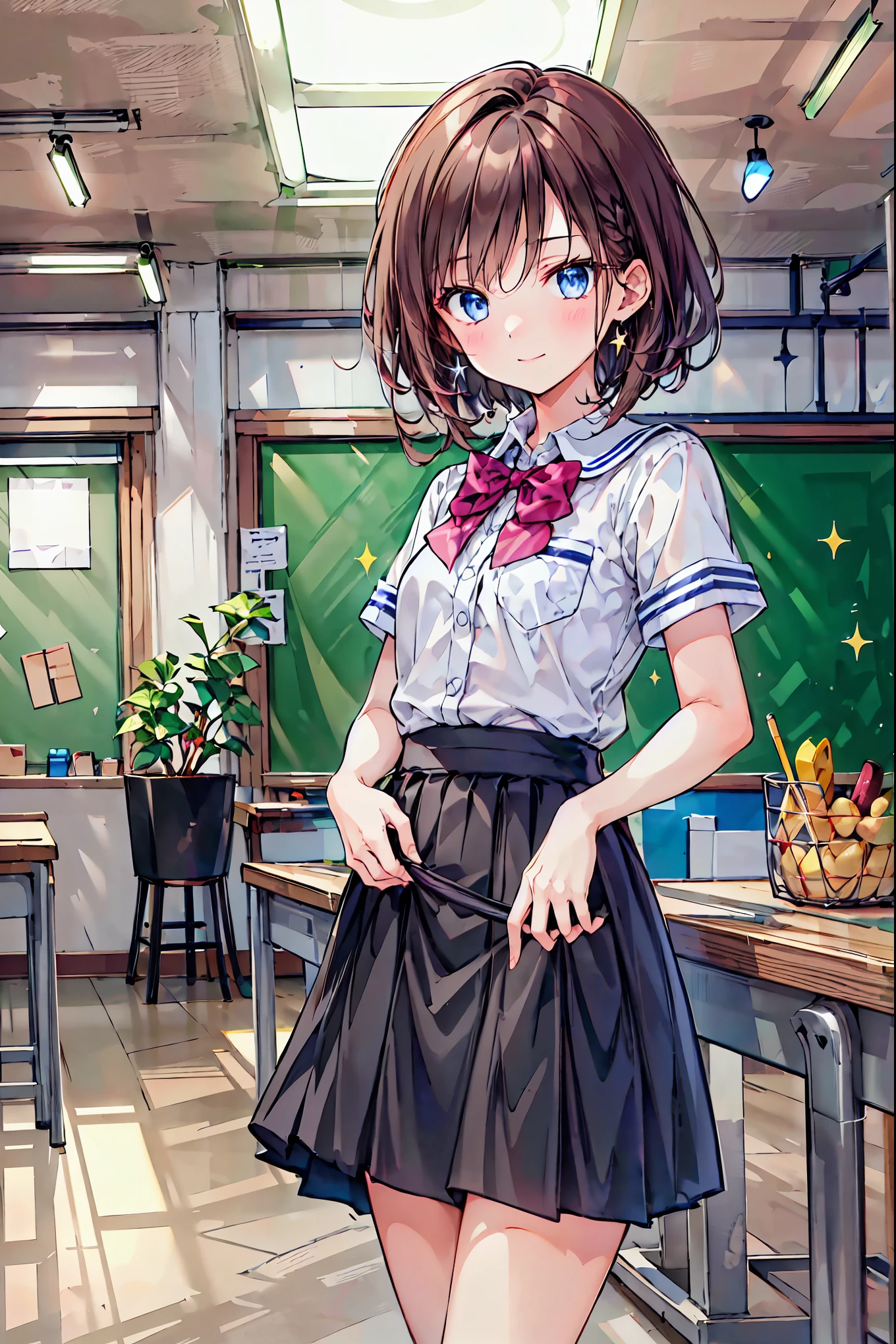 1 girl, 中程度の長さのBrown Hair,  Your enchanting gray-blue eyes shine like stars,   school uniform, White top,  Black Skirt , classroom,  High Resolution , Ultra Sharp, 8k, masterpiece,  is staring at viewers， The depth of the boundary is written, Brown Hair， shortcuts，Messy Hair，Short braided hair，Neat，Slender beauty，Correct posture，Small chest，Beautiful legs， Your enchanting gray-blue eyes shine like stars，Droopy eyes，Vibrant colors, beautiful eyes,A delicate smile,Textured Skin, best quality , gentle and beautiful woman ,Anime Style､