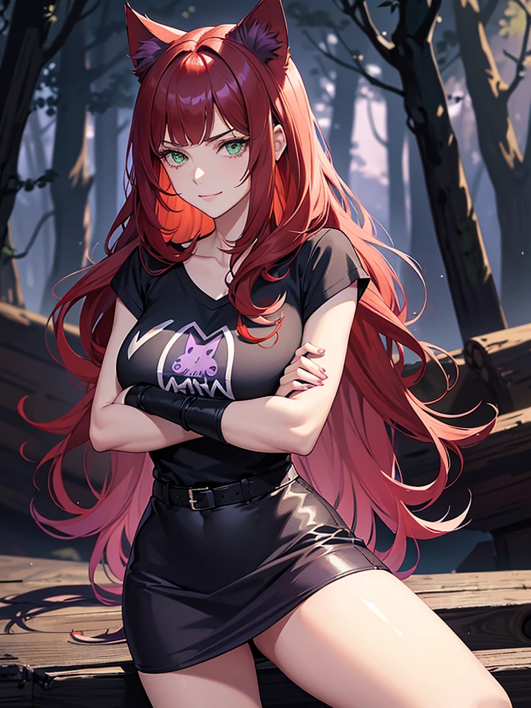 green eyes, red hair with long bangs, noble. wavy long hair. strong woman. she quiet. wear purple and black t shirt. dominant woman. mafia. mature woman. girl boss. badass woman. gangster. hair so long have bangs. gangster