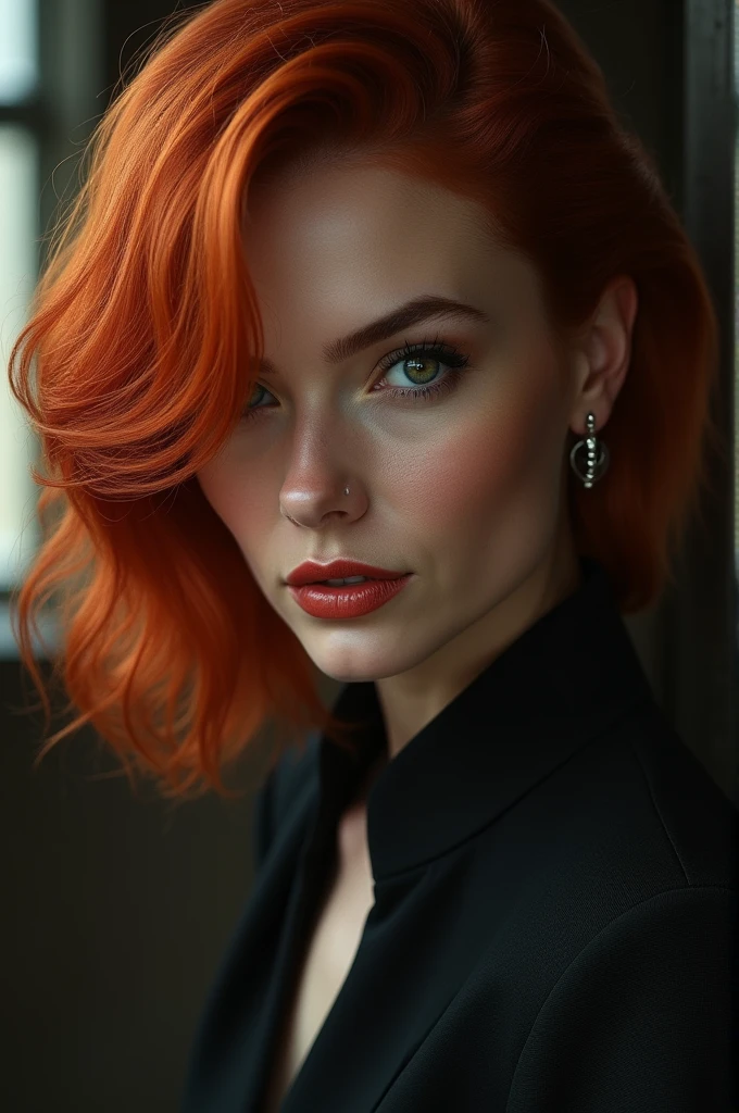 Woman, Caucasian skin, medium length wavy red hair, sensual expression, gray eyes, piercing no septo 