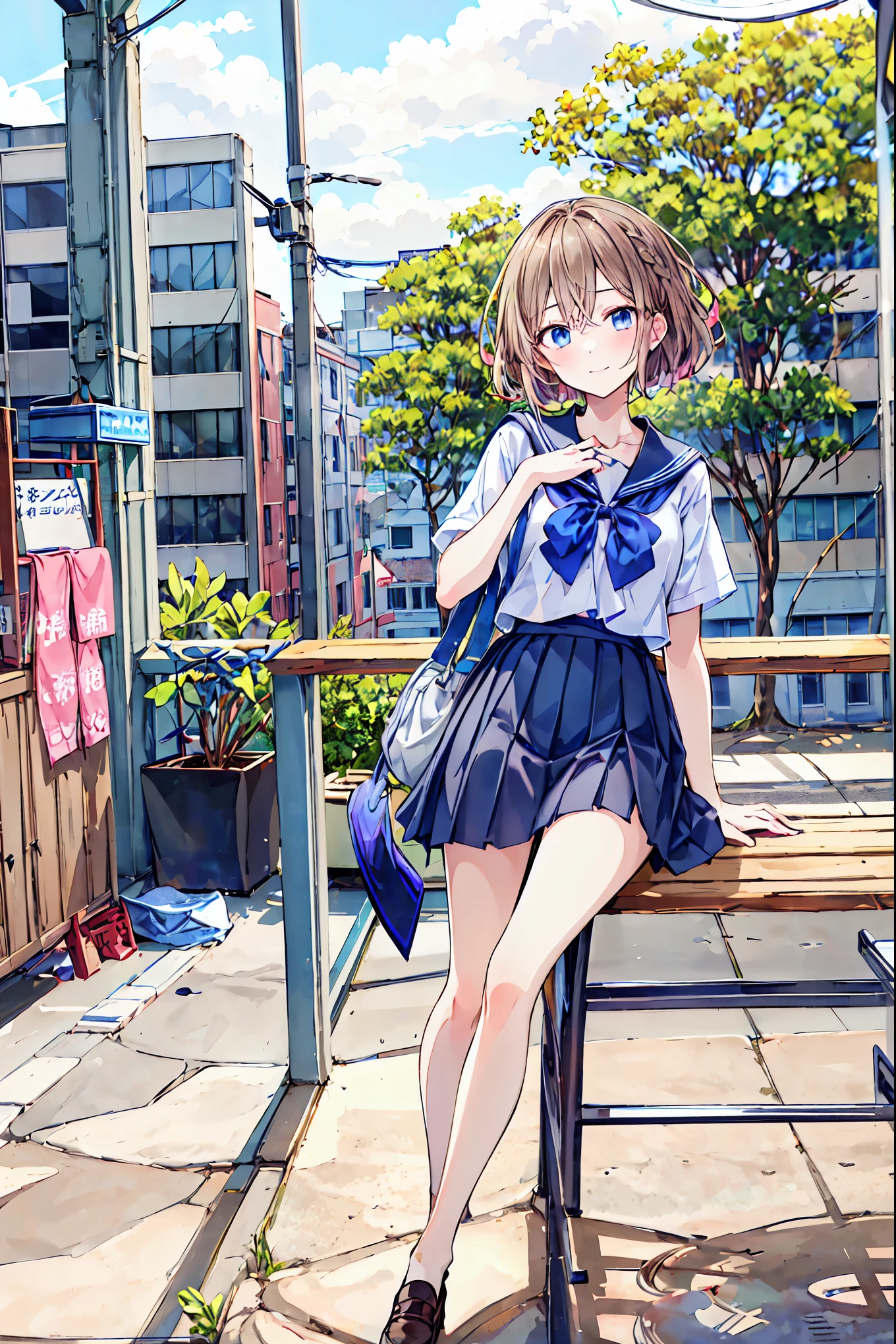 1 girl, 中程度の長さのBrown Hair,  Your enchanting gray-blue eyes shine like stars,   school uniform, White top,  Black Skirt , classroom,  High Resolution , Ultra Sharp, 8k, masterpiece,  is staring at viewers， The depth of the boundary is written, Brown Hair， shortcuts，Messy Hair，Short braided hair，Neat，Slender beauty，Correct posture，Small chest，Beautiful legs， Your enchanting gray-blue eyes shine like stars，Droopy eyes，Vibrant colors, beautiful eyes,A delicate smile,Textured Skin, best quality , gentle and beautiful woman ,Anime Style､