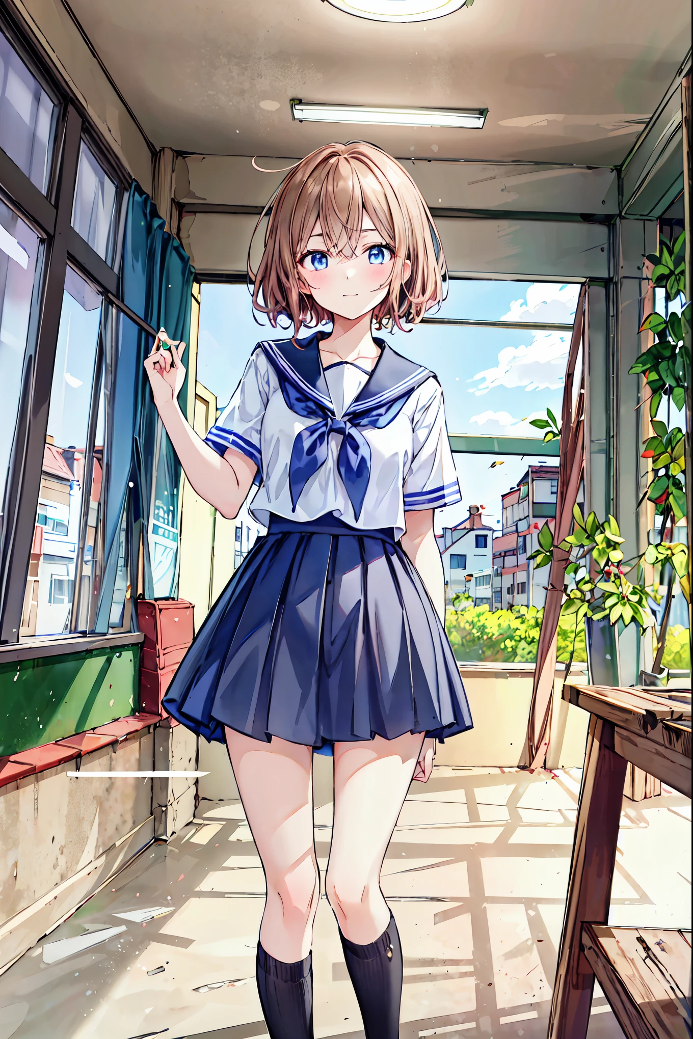 1 girl, 中程度の長さのBrown Hair,  Your enchanting gray-blue eyes shine like stars,   school uniform, White top,  Black Skirt , classroom,  High Resolution , Ultra Sharp, 8k, masterpiece,  is staring at viewers， The depth of the boundary is written, Brown Hair， shortcuts，Messy Hair，Short braided hair，Neat，Slender beauty，Correct posture，Small chest，Beautiful legs， Your enchanting gray-blue eyes shine like stars，Droopy eyes，Vibrant colors, beautiful eyes,A delicate smile,Textured Skin, best quality , gentle and beautiful woman ,Anime Style､