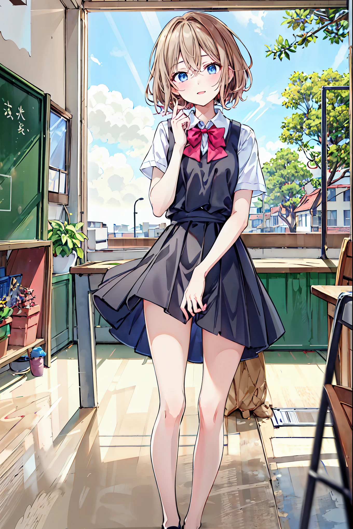 1 girl, 中程度の長さのBrown Hair, Your enchanting gray-blue eyes shine like stars, School Uniform, White top, Black Skirt , classroom, High Resolution , Ultra Sharp, 8k, masterpiece, is staring at viewers, The depth of the boundary is written, Brown Hair, shortcuts,Messy Hair,Short braided hair,Neat,Slender beauty,Correct posture,Small chest,Beautiful legs, Your enchanting gray-blue eyes shine like stars,Droopy eyes,Vibrant colors, beautiful eyes,A delicate smile,Textured Skin, best quality , gentle and beautiful woman ,Anime Style、