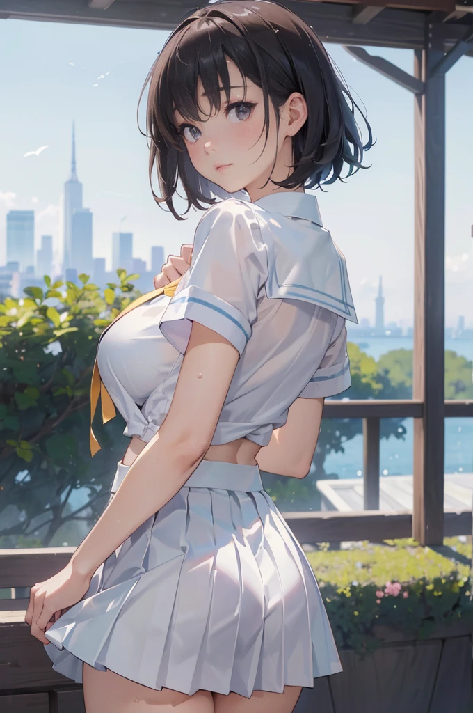 (masterpiece, best quality:1.2), 1 girl, alone , sexy , (Virgin killer outfit:1.2),cowboy shot, black hair ,hair bun, (seoul_background:1.3) , (pantyhose:1.2) , (sweat)