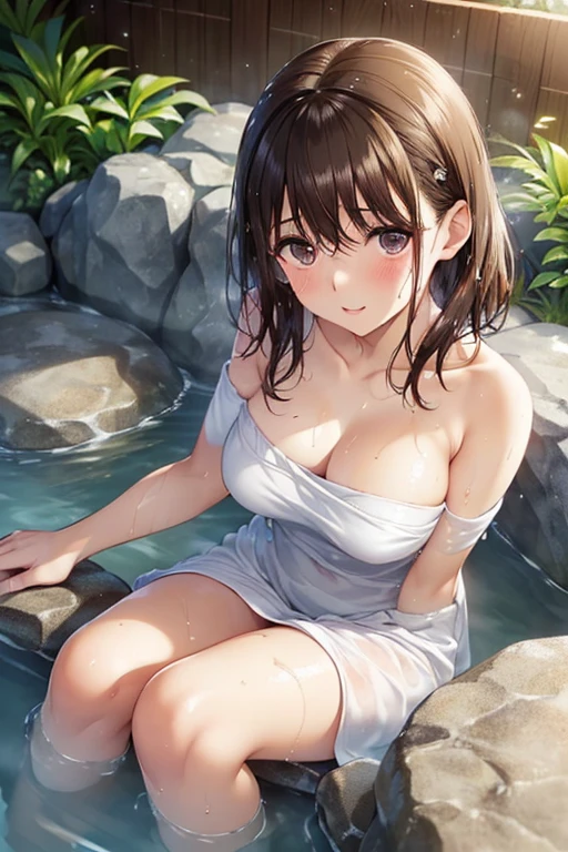 Woman relaxing in hot spring,２０generation,Yang Liang、Colored leaves、Satisfied face,Cover your hair with a towel,Beautiful light of inspiration,Elegant water flow,Soothing atmosphere,Quiet and peaceful background，Big breasts,Charming cleavage