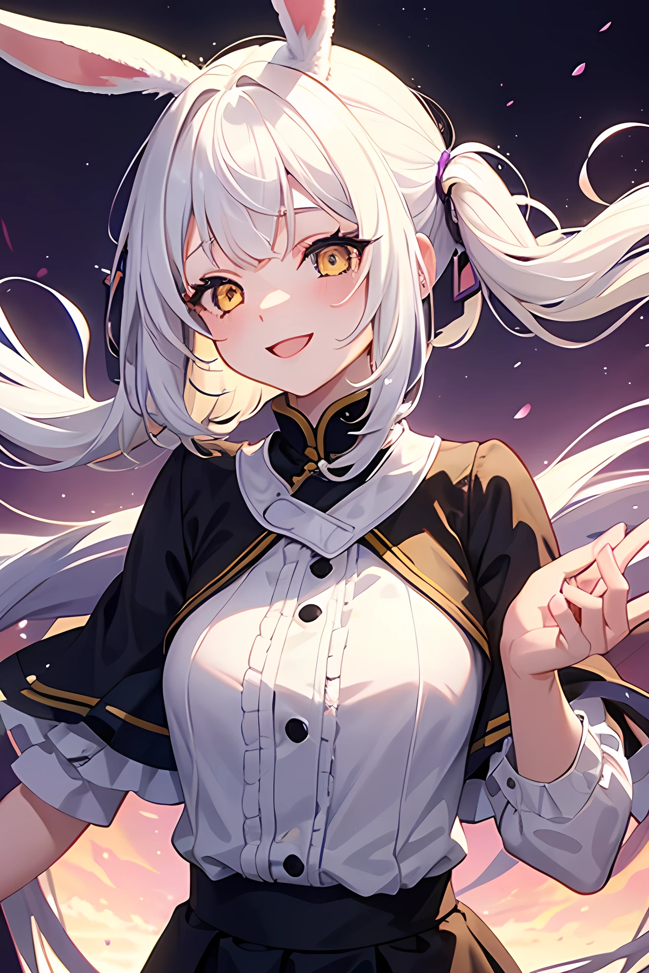 (score_9, score_8_up:1.1),score_7_up,zPDXL, 1girl, solo, tail, animal ears, long hair, maid dress, maid apron, pantyhose, fox tail, standing, fox ears, multiple tails, ribbon, (((white hair))), shirt, opened mouth, long sleeves, boots, full body, black footwear, fox shadow puppet, half closed eyes looking at viewer, animal ear fluff, white shirt, simple background, very long hair, brown pantyhose, smile, big breasts, hair between eyes, orange eyes, jacket, frills, yellow eyes, neck ribbon, red ribbon, shadow, multicolowhite hair, wing collar, hair ribbon, black pantyhose, slit pupils, double tooth, two-tone hair, ,detail1eye,