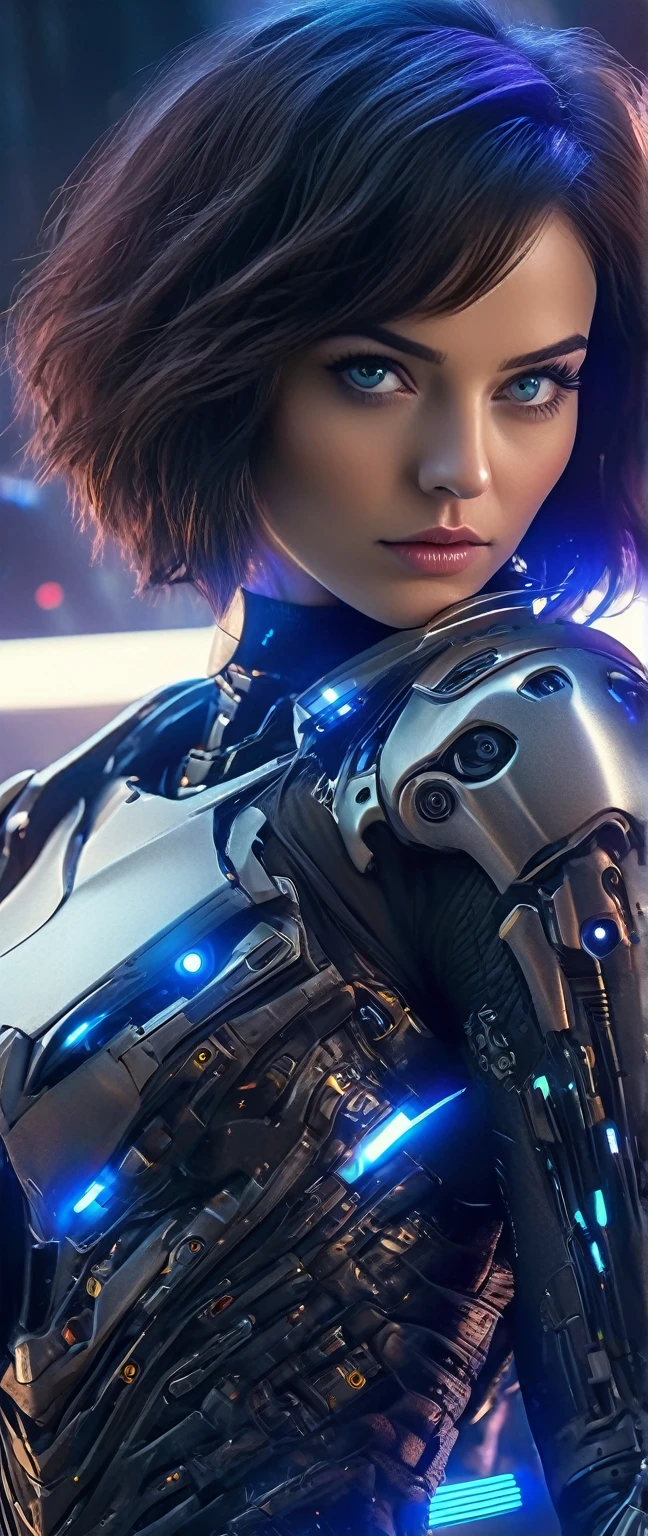 (Best Quality, 4K, 8k,    High Resolution   , masterpiece: 1.2), (    very detailed, Realistic, Realistic:1.37),   Woman in futuristic costume  ,    woman wearing exoskeleton cyber armor ,   Women in Bodycon Armor       、((    She has a plasma gun in her hands     )), Full body images, Maximum details,     Superior quality through accurate drawings, 8k,Chest, blue eyes,    High Resolution   , 超   High Resolution   , Best Quality,  (((Bob cut short hair ))),Bob Hair, Big Chest,    Cinematic Lighting Effects    ,  beautiful dark-haired woman, blue eyes,  Cyber style woman  , ((Advanced spacecraft interior)), High-quality images,