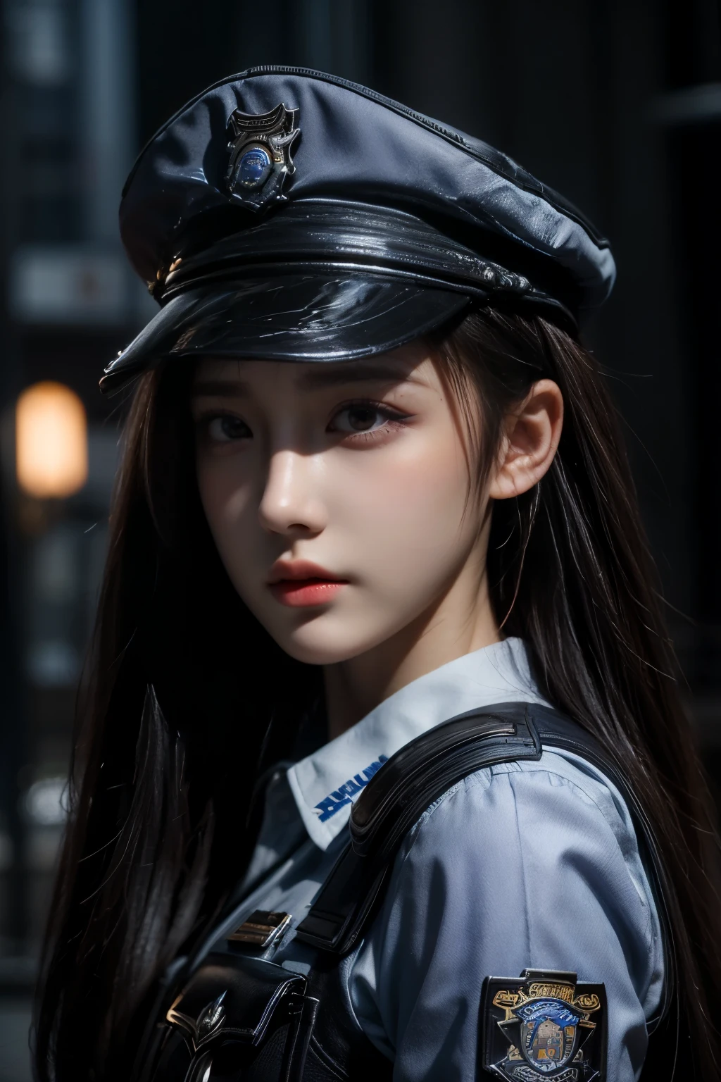 high high quality,A high resolution,masterpiece,8k,(Hyperrealistic photos),(Portrait),digital photography,(Reality:1.4),20-year-old girl,exquisite facial features,a purple eye,Red Eyeshadow,((Policewoman)),Random hairstylelack color hair),Big breasts,(Police uniform,Combat uniforms),Keep your mouth shut,Frowning,ssmile,Cold and serious,extremely detailed expression,realistic detail,Light magic,Photo pose,oc render reflection texture