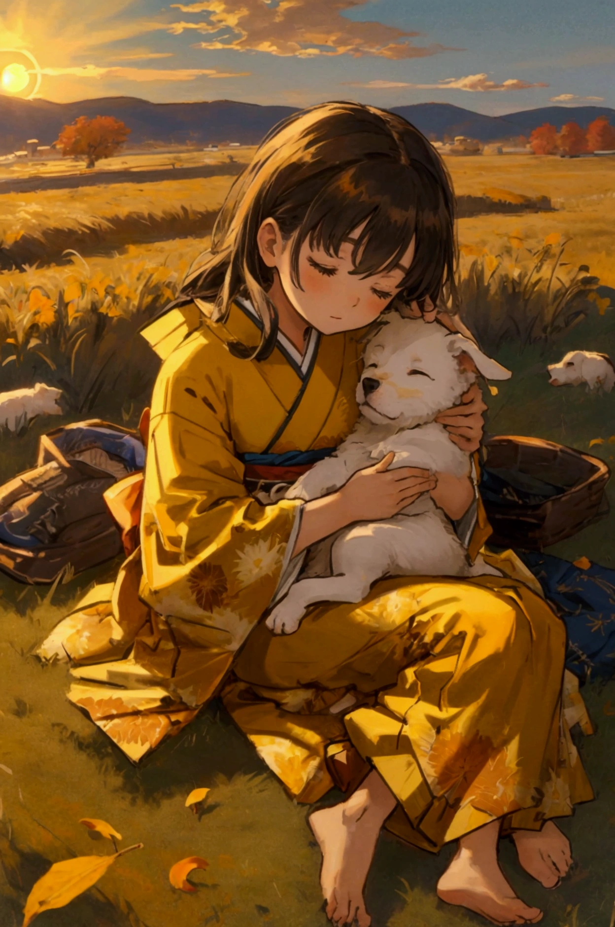 Sleeping girl in kimono　grassland　Poured Sun　Autumn sky　Yellow autumn leaves　Snuggling puppies