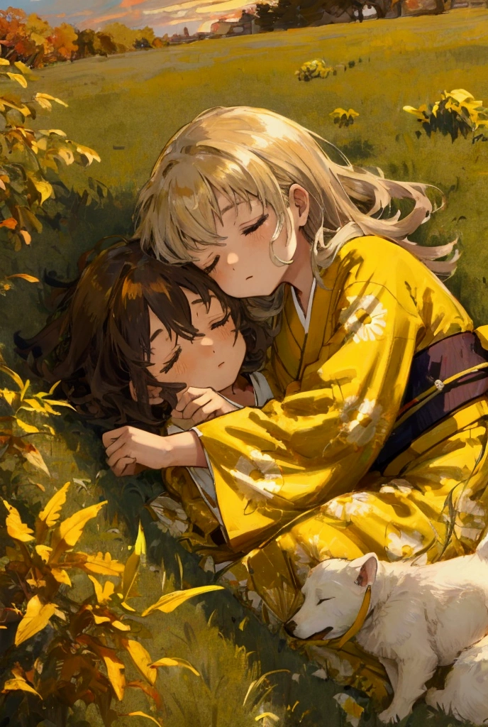 Sleeping girl in kimono　grassland　Poured Sun　Autumn sky　Yellow autumn leaves　Snuggling puppies