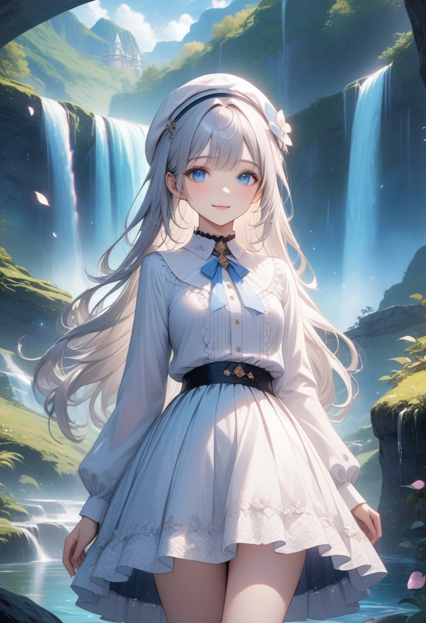 (masterpiece:1.2),(4K),high quality, super high definition,( Perfect Anatomy),(1 girl), very detailed faces ,Silver long hair, Beautiful Delicate Blue Eyes , has a smiling face , viewers,Long Sleeve Petal Collar Blouse , White Newsboy Cap ,Tiered skirt,Unfairly Beautiful,Dreamy and romantic,Fantastic and dreamy theme, Mysterious Atmosphere , Enchanting Dreams , Stunning Scenery ,  Add a dramatic and iconic element to the scene,Near the waterfall