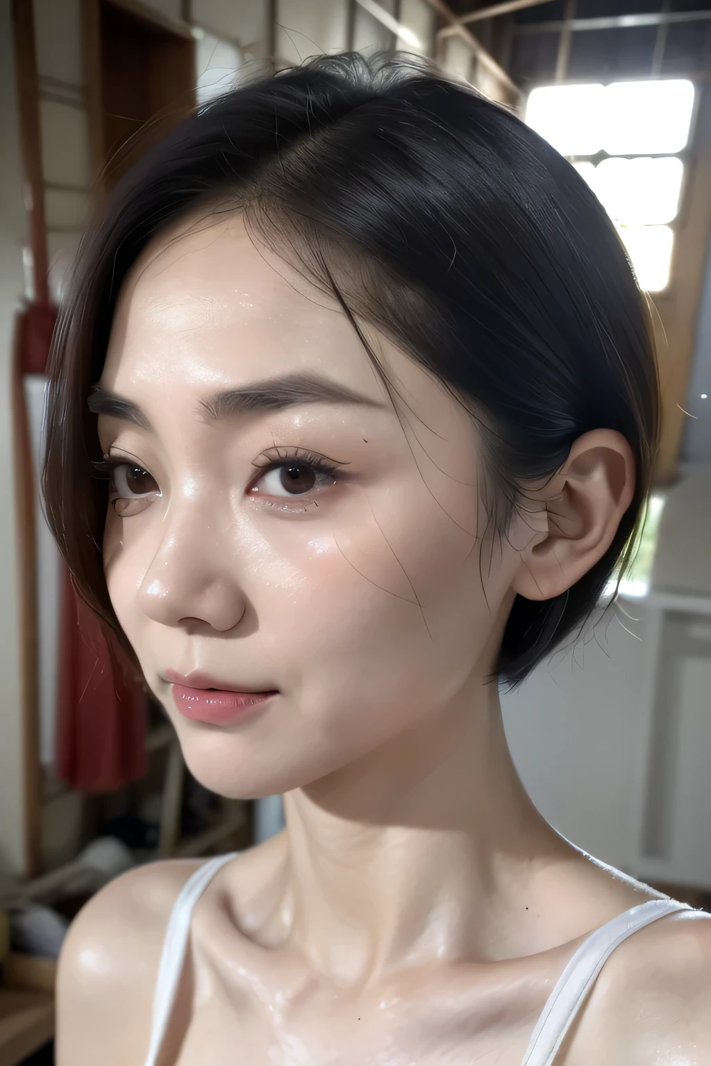 (Best Quality, 8K wallpaper, Very realistic pictures,  High Resolution , Detailed face, Detailed skin, masterpiece), Natural Light, Beautiful Japanese women are shifting their bras upwards, (Short Bob Hairstyles:1.3), small, delicate, Thin face, (wrinkles between eyebrows:1.2), Narrow waist, (small breasts:1.3), (small nipples:1.4), (Scared:1.2), (eyes seeing the lens:1.2), (in an abandoned factory:1.2), 