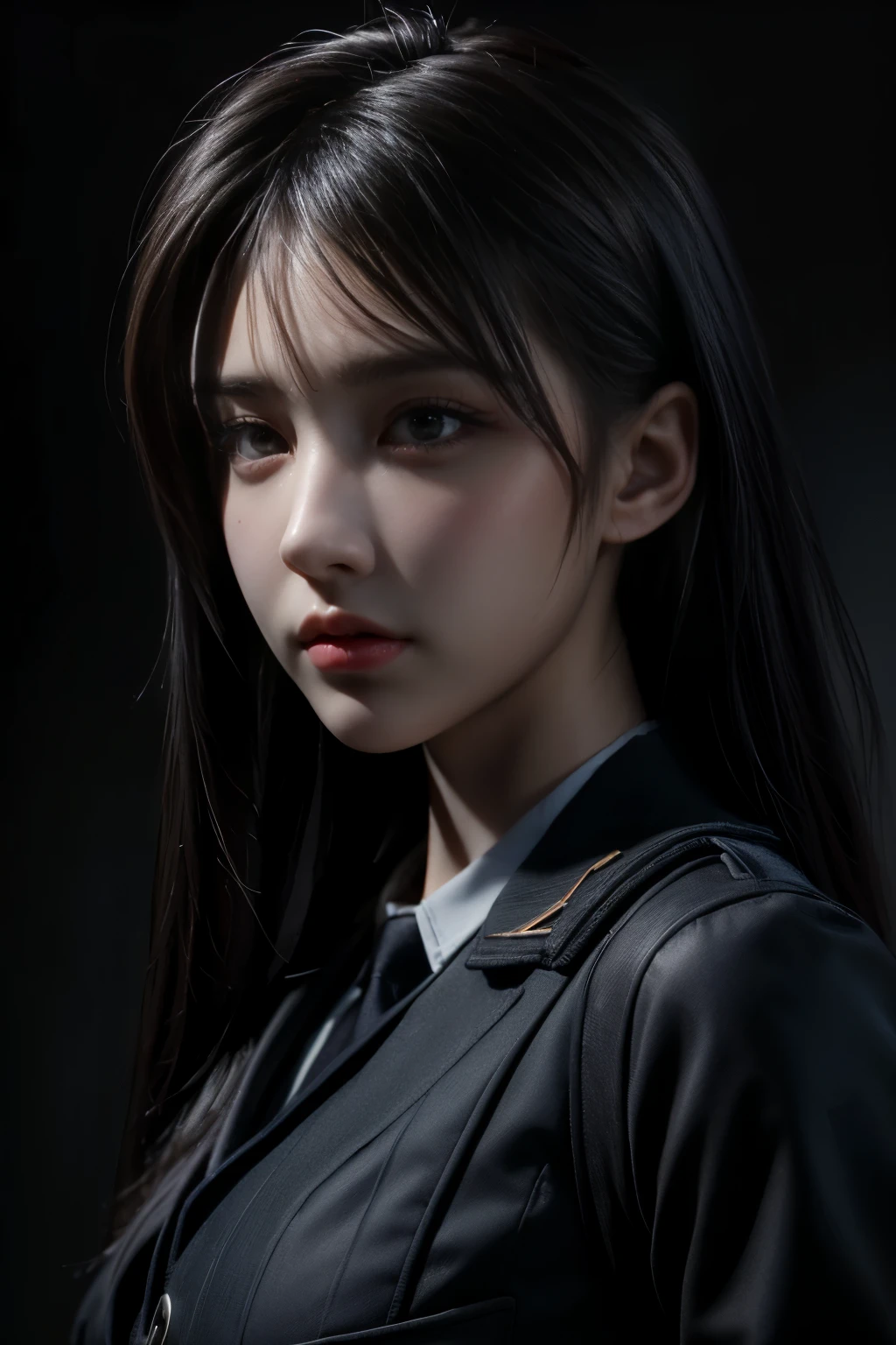 high high quality,A high resolution,masterpiece,8k,(Hyperrealistic photos),(Portrait),digital photography,(Reality:1.4),20-year-old girl,exquisite facial features,a purple eye,Red Eyeshadow,((Policewoman)),Random hairstylelack color hair),Big breasts,(Police uniform,Combat uniforms),Keep your mouth shut,Frowning,ssmile,Cold and serious,extremely detailed expression,realistic detail,Light magic,Photo pose,oc render reflection texture