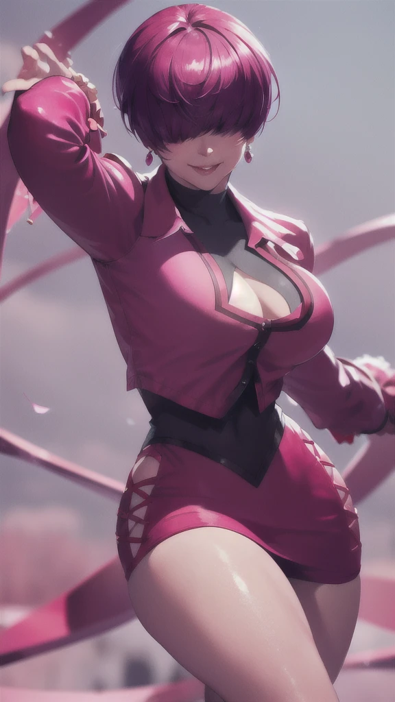 master piece shermie, Alone, smiling, Looking at the viewer,  cinematic composition , Dynamic pose 1 Female,High definition,high resolution,Ultra-realistic,8k, pink clothes

