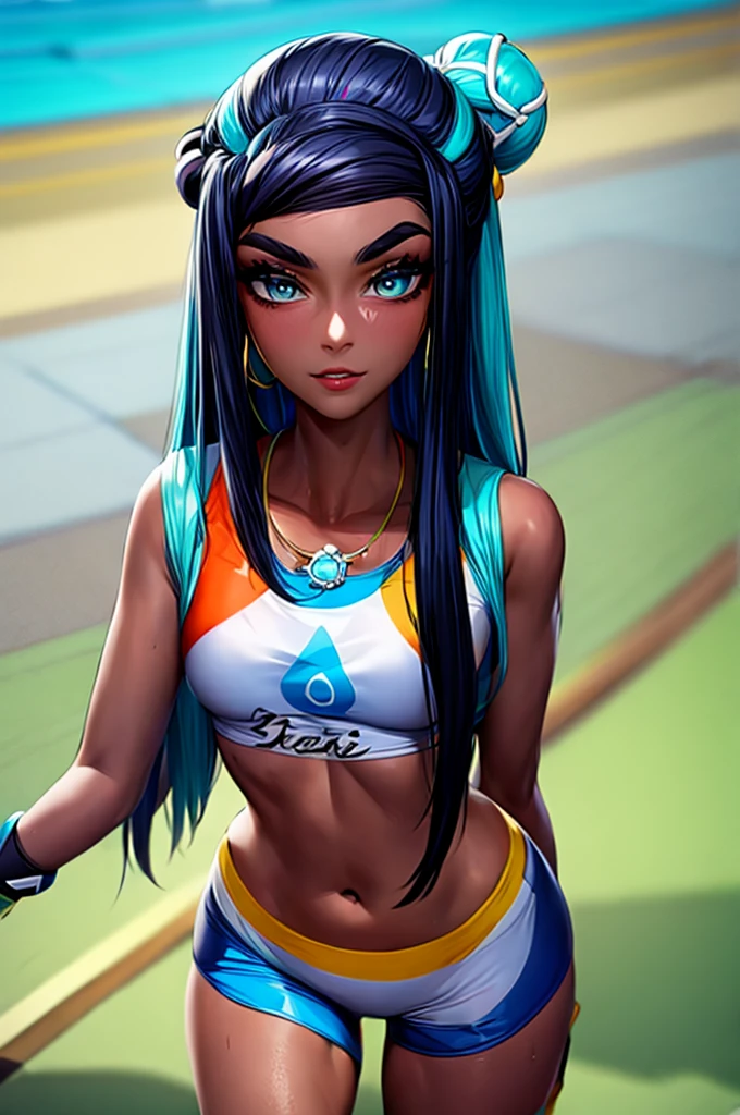 (master piece), (best quality), (8k), (ultra high resolution), (highest quality), (anime style), (best writing), (beautiful face), (masterpiece), (highest quality), (detailed beautiful face and eyes), (textile shading), (cowboy shot), (pool), 1girl, solo, pokemonnessa, aqua eyes, eyeshadow, dark skin, (dark-skinned female:1.5), hair bun, hair ornament, makeup, long hair, sidelocks, single hair bun, thick eyebrows, black hair, aqua hair, streaked hair, armlet, bare arms, belly chain, bike shorts, bikini, crop top, earrings, gloves, half gloves, hoop earrings, jewelry, midriff, navel, necklace, short shorts, shorts, swimsuit, tankini, medium breasts, beautiful breasts, smile, walking,