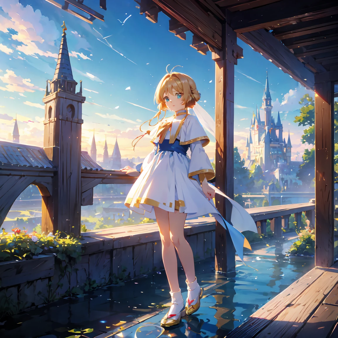 非常にdetailedな目と顔,  so delicate and beautiful ，非常にdetailed，CG，Unity，8k wallpaper，wonderful，detailed，masterpiece，Top quality in the best condition，Official Art，非常にdetailed CG 8k Unbelievably ridiculous resolution,Beautiful and exquisite, High Resolution ，Anime girl with long hair and blue eyes、Standing in front of the castle,  anime fantasy art ,  beautiful fantasy anime , Fantasy art style, Beautiful maiden, close