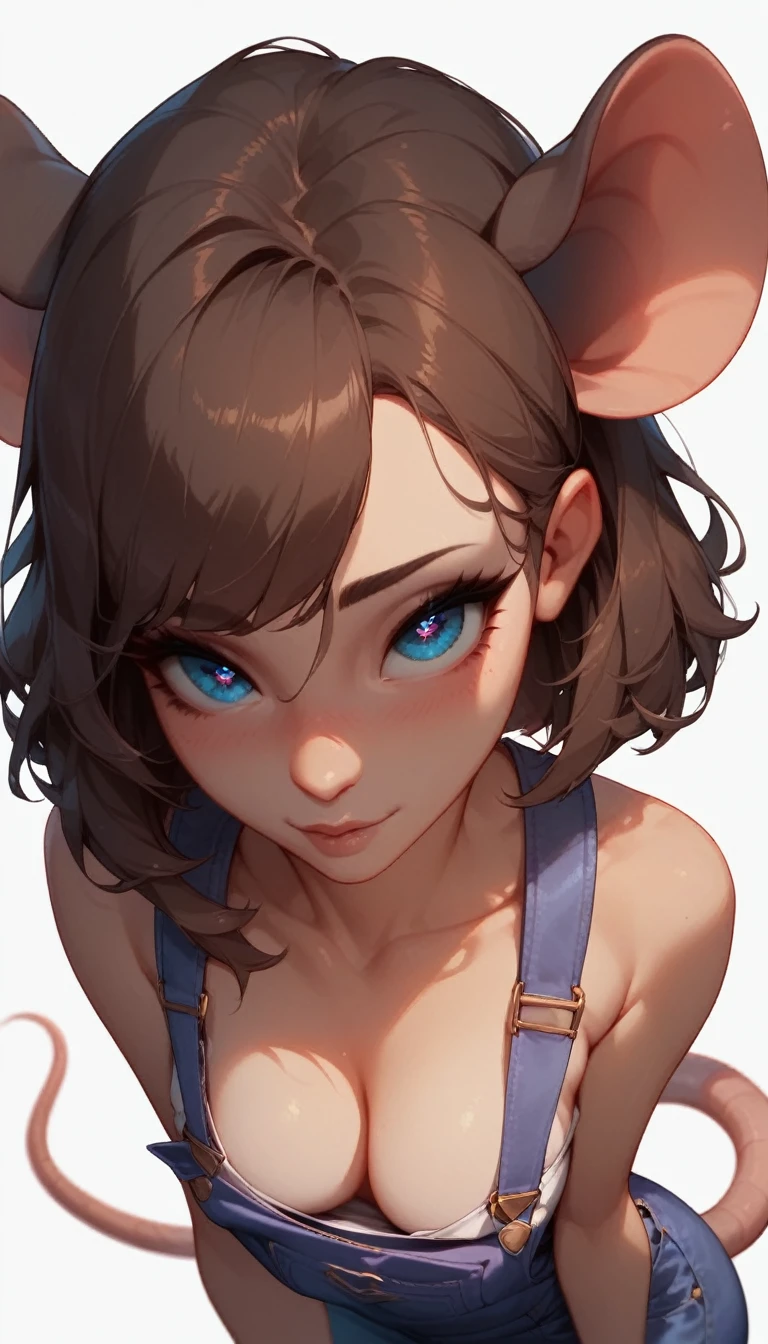 score_9, score_8_up, score_7_up, cute round eyes, blue eyes, seductive eyes, Expressiveh, brown hair, purple overalls, small breasts, cleavage, mouse tail, simple background