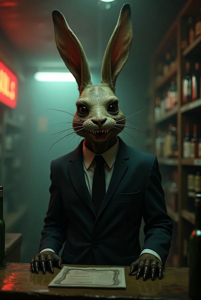 Mafia rabbit head man with blood on black background in animation form