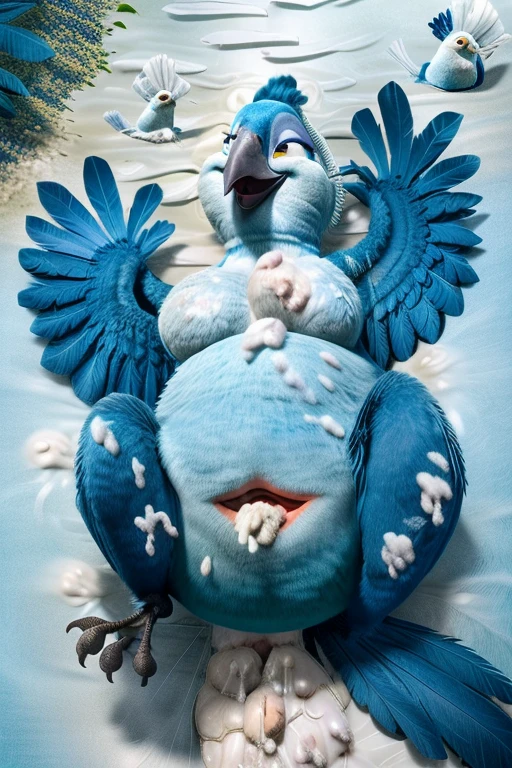 ((NSFW, sexual)), rio movie, jungle landscape, Mimi a female Spix macaw, Blue feathers, avian, ((anthro)), human body, furry, feathered arms, chubby body, (((exposing very big breasts, big ass)))), ((((((Blue feathers, excessive white bird poop covered, huge cloaca, lying on back)))))), on back, turquoise eyes, bedroom eyes, seductive, smiling, realistic, digitigrade legs, detailed eyes