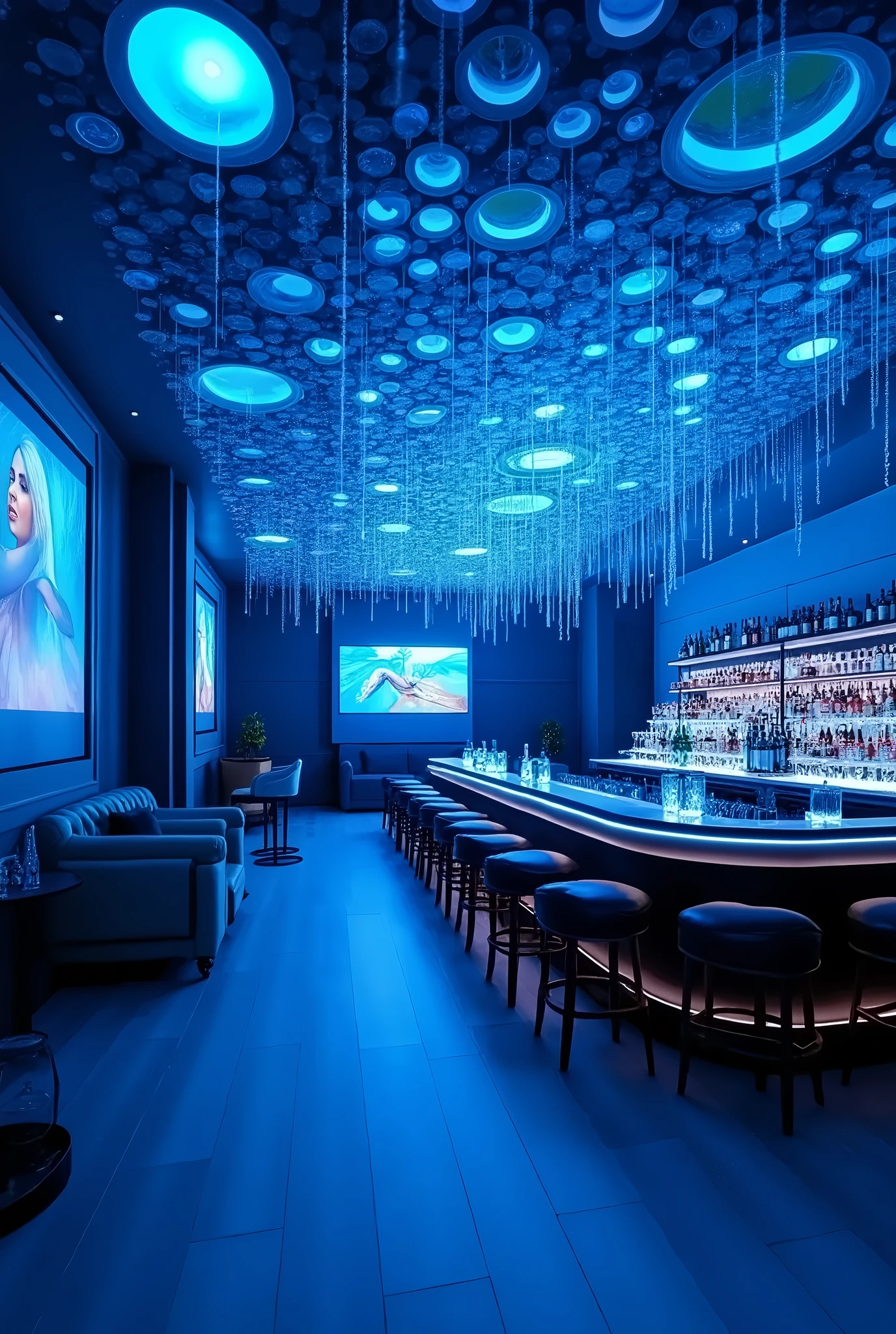 This is a photograph of an indoor bar and lounge with a modern, futuristic aesthetic. The interior is bathed in cool blue light. The ceiling is decorated with a number of circular blue lights, creating an enchanting star-like effect. Delicate blue string lights hang from the ceiling.

The bar area has a long, curved wooden counter with several high stools arranged around it. The counter is stocked with a variety of alcoholic beverages and glasses. To the left is a small seating area with a plush sofa and several armchairs.

Behind them are several large flat-screen TVs showing various images and videos, giving the place a modern feel. The walls are decorated with abstract paintings and photographs. The floor is a combination of light wood and soft carpets.