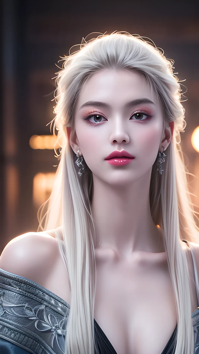 masterpiece, Best quality, Nearly perfect, (Perfect face:1.1), (High Detail:1.1), drama, (1 person), has fair skin, (Pure white long hair:1.4), White eyes, Otto Seppalainen, Solitary, Long white hair, Nine-tailed Fox,White luxury suit, Cover your belly button, Snob, Albinism, Luminous Studios Graphics Engine, Pout, Demon Magician, Volumetric Lighting, detailed eyes, (8k wallpaper masterpiece), Super detailed, Intricate details, Absolute pixel perfection, Rosette, Fashion, side, and look at the audience, Balenciaga style,Sit on the bench and stretch your legs,No teeth showing,Not blurry。
