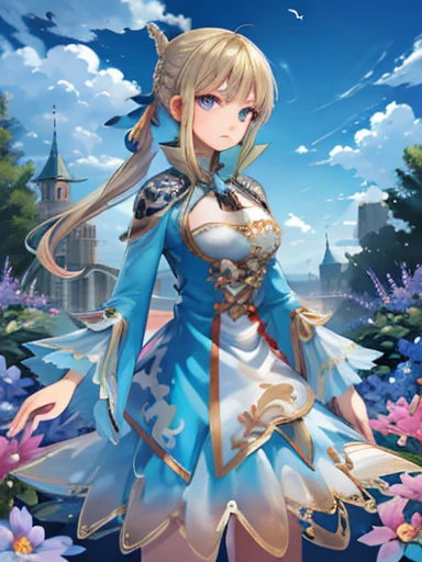 masterpiece, Best Quality,  Very detailed , 16k,   Ultra High Resolution , cowboy shooting,  Detailed face , Perfect fingers, 1 female, , blue eyes, blond, braid, royal palace, garden, Hey, ,There's a bird up there.