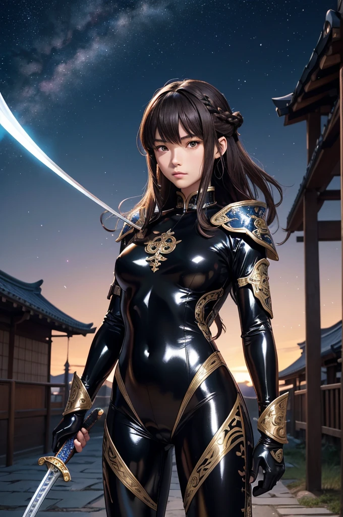 ((UHD, masterpiece, accurate, anatomically correct, super detail, best quality, 8K)), a medieval times Japanese female Ninja, , slender body, (wearing a well decorated full-length tight glossy ornamented black latex suit:1.1), (carrying a Japanese sword), brown hair, silver eyes, low-braided long hair, on a medieval times Japanese city, Xianxia Hero, midnight time, beautiful starry sky, wind sorcerer!!