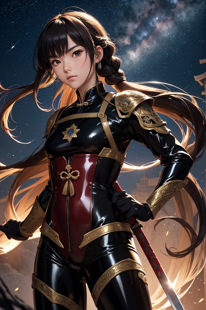 ((UHD, masterpiece, accurate, anatomically correct, super detail, best quality, 8K)), a medieval times Japanese female Ninja, , slender body, (wearing a well decorated full-length tight glossy ornamented black latex suit:1.1), (carrying a Japanese sword), brown hair, silver eyes, low-braided long hair, on a medieval times Japanese city, Xianxia Hero, midnight time, beautiful starry sky, wind sorcerer!!