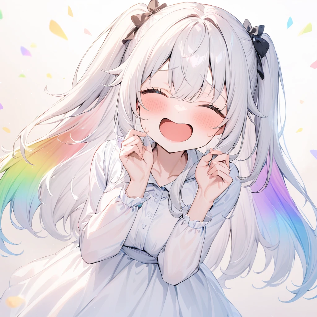 Light color, (( surprisingly absurd )), 超 High Resolution ,  Attention to Details, high quality,  High Resolution , 最high quality, 4K, 8k, Artwork, Great work, rainbow, rainbow hair, Long Hair, rainbowの天使, Spread your wings wide, ((rainbowの羽が舞う)), Beautiful Angel, Cute angel, break, Big smile, Eyes closed,  open their mouth wide , Red face,  and embarrassed