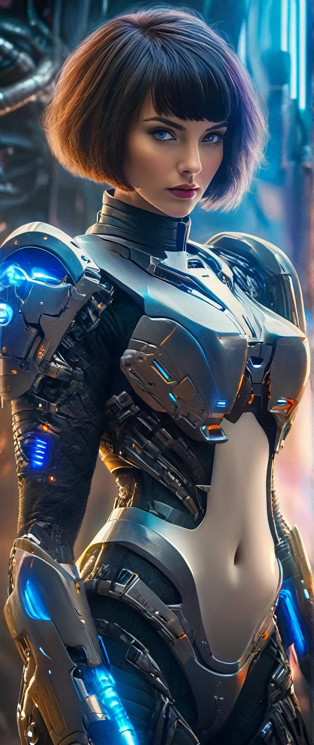 (Best Quality, 4K, 8k,     High Resolution    , masterpiece: 1.2), (     very detailed, Realistic, Realistic:1.37),    Woman in futuristic costume   ,      woman wearing exoskeleton cyber armor ,    Women in Bodycon Armor         、((    She has a plasma gun in her hands      )), Full body images, Maximum details,     High quality , 8k,Chest, blue eyes,     High Resolution    , 超    High Resolution    , Best Quality,  ((( bob cut short hair ))),Bob Hair, Big Chest,      Cinematic Lighting Effects      ,   beautiful dark-haired woman, blue eyes,   Women in Cyber Style   , ((Advanced spacecraft interior)), High quality images,Bob Hairー，(( bangs aligned and cut style with precise drawings))、Beauty，