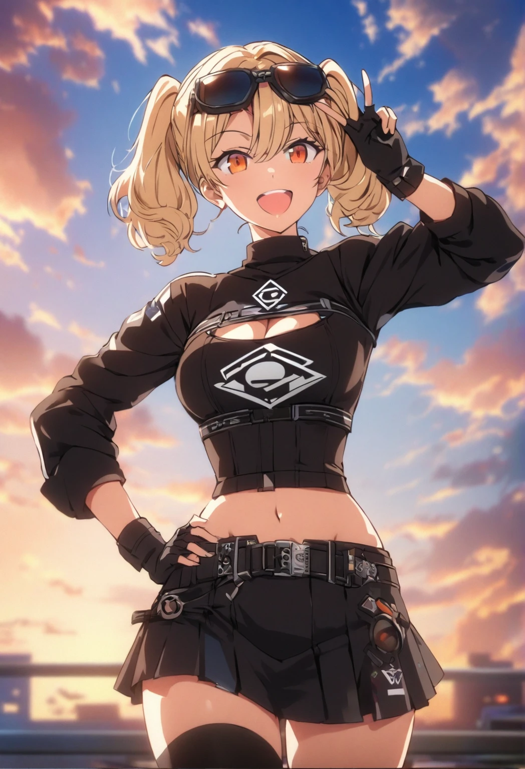 score_9_up, score_8_up, score_7_up, source_anime, masterpiece, best quality, 1girl, solo, Burnice_ZZZ, sun light, sun rise, clouds, blue sky, standing, v sign, cheerful smile, open mouth, looking at you, upper body, face focus, hand on hip, blonde hair, two side up, orange eyes, eyewear on head, sunglasses, goggles, short twintails, hair ornament, crop top, tube top, black jacket, black thighhighs, cropped jacket, black shirt, blouse with logo, A person wearing a shirt with the Sons of Calidon logo printed on it. image:"C:\Users\aless\Downloads\Logo Burnice.jpg", cleavage cutout, long sleeves, belt, black skirt, red wrist cuffs, red thigh strap, fingerless gloves, miniskirt, midriff, turtleneck, mature body, dynamic cowboy shot, outdoors, sky clouds background