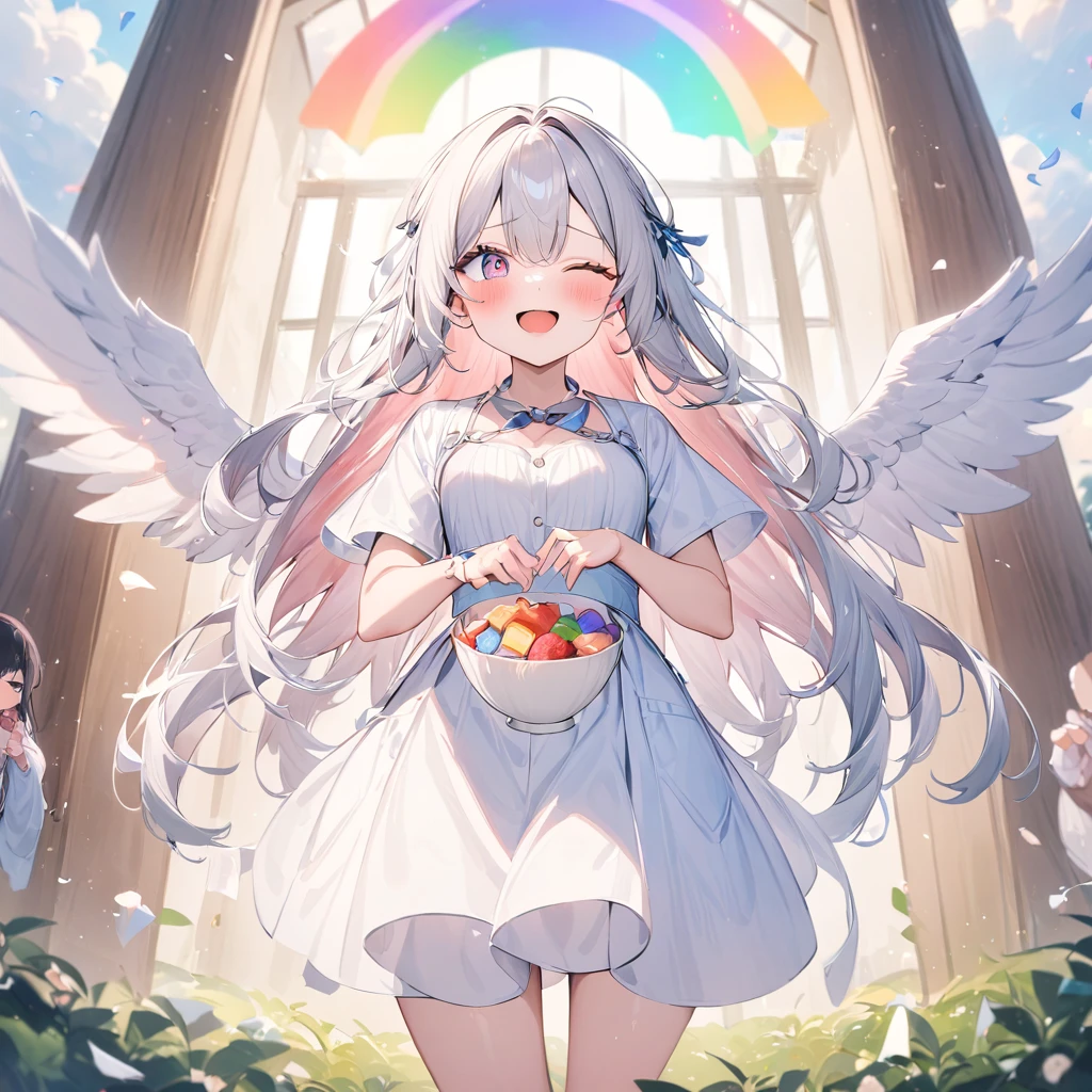 Light color, (( surprisingly absurd )), 超 High Resolution ,  Attention to Details, high quality,  High Resolution , 最high quality, 4K, 8k, Artwork, Great work, rainbow, rainbow hair, Long Hair, rainbowの天使, Spread your wings wide, ((rainbowの羽が舞う)), Beautiful Angel, Cute angel, break, Big smile, Eyes closed,  open their mouth wide , Red face,  and embarrassed