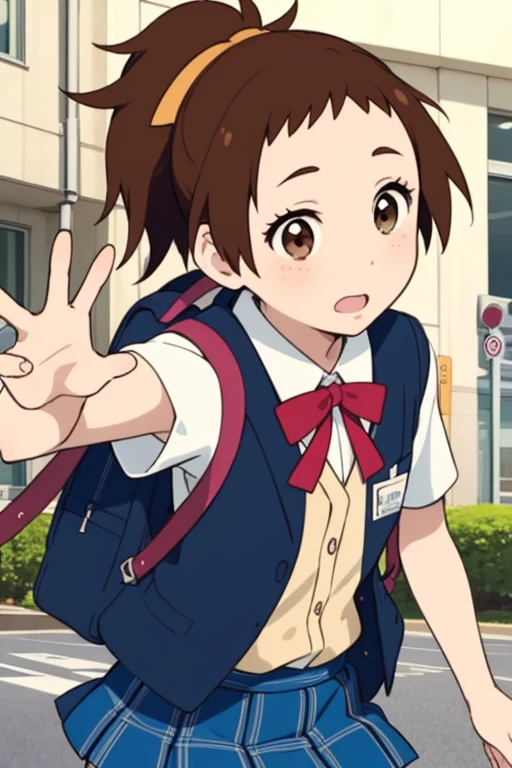 Yoshioka Haru ,  elementary school girl,blue plaid uniform, miniskirt ,  ponytail,  Brown Eyes , Brown Hair,One person,school bag