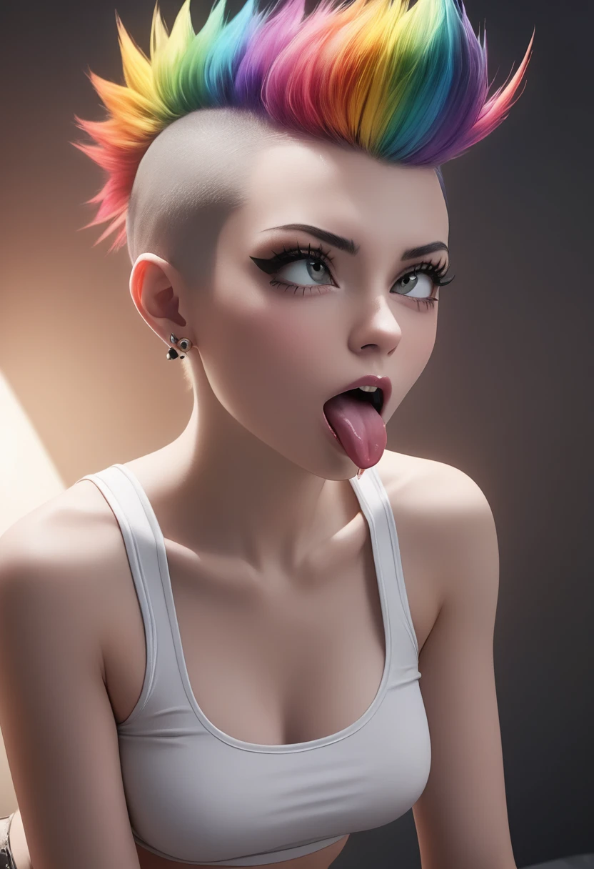 Red round shaved head、1girl in ( Screaming),Reaching the climax:1.0,Close eyes, short-cut、masutepiece、Bottoms are randomly generated、（ Skeleton illustration printed shirt ）、put out the tongue、Background bokeh:1.5
