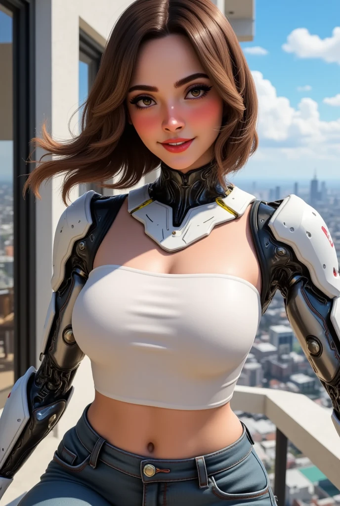 Fortnite skin, a woman cyborg, she has seamless robotic parts joined to her neck, vibrant smile, eyeliner