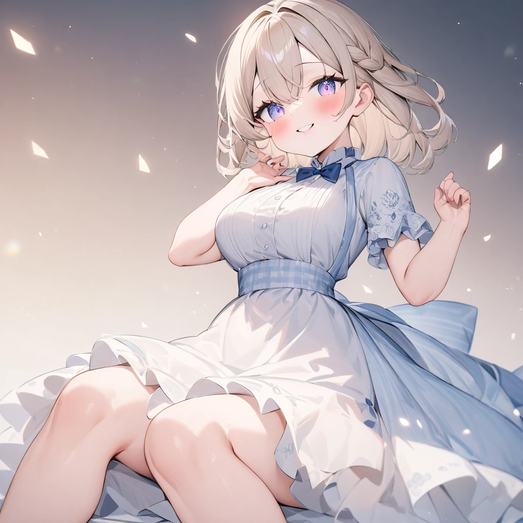 (quality, 4K,  High Resolution , masterpiece), (( Perfect Anatomy)), Cute Woman , tchibi,  light brown hair, Beige Hair, Long white hair, Gradient Eye ,((👄)), smile, BREAK BREAK BREAK,  Wainwright Dress with Pastel Lace Trim, Crystallization of clothes,  Striped Cloth , Colorful clothing,   gradient background , Floating Dots of Light , (( Princess in a Luxurious Rococo Dress ， Beautifully Embroidered and Bejeweled ,  Voluminous Ruffle Long Skirt )), ((petticoat)), (Small underbust), (Shine of light)