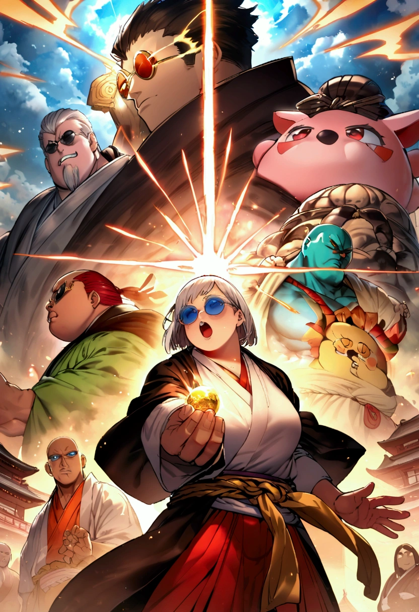 Japanese monk、I&#39;m a little overweight、  round blue sunglasses、Wear a sacred treasure 、Hero of Justice、One Punch Man、exorcist、Japanese Temples、Strongest