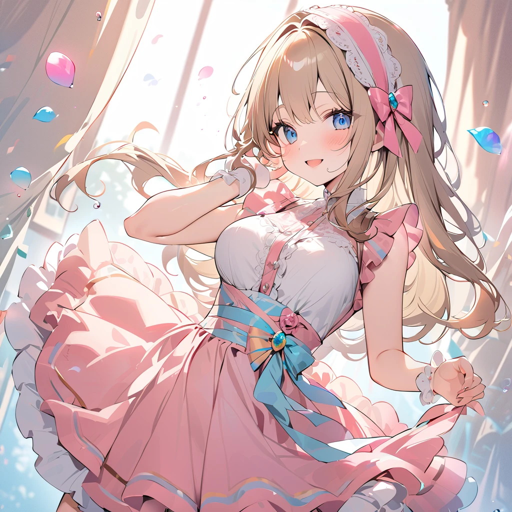 (quality, 4K,  High Resolution , masterpiece), (( Perfect Anatomy)), Cute Woman , tchibi,  light brown hair, Beige Hair, Long white hair, Gradient Eye ,((👄)), smile, BREAK BREAK BREAK,  Wainwright Dress with Pastel Lace Trim, Crystallization of clothes,  Striped Cloth , Colorful clothing,   gradient background , Floating Dots of Light , (( Princess in a Luxurious Rococo Dress ， Beautifully Embroidered and Bejeweled ,  Voluminous Ruffle Long Skirt )), ((petticoat)), (Small underbust), (Shine of light)