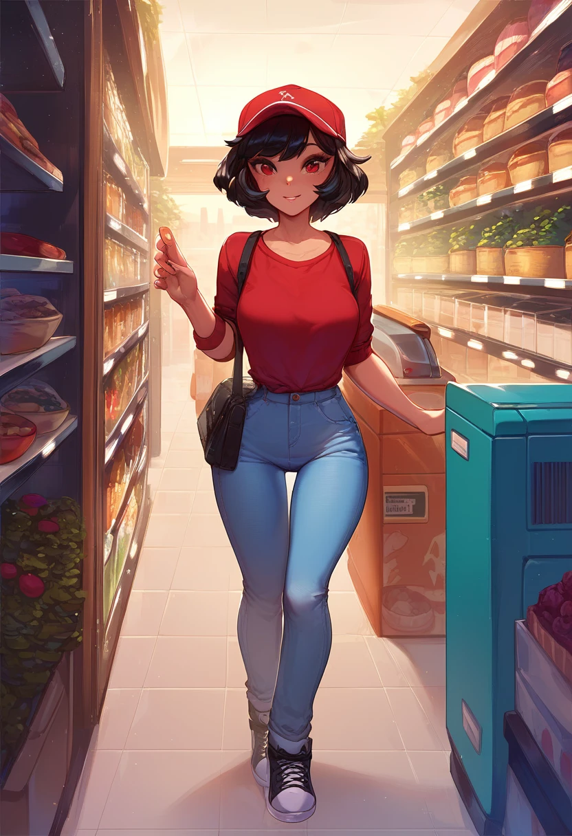 1girl, jeans, red shirt, Red cap,  black hair ,  short hair, red eyes, e-girl, aesthetic, store, In the cash register, saleswoman , :3,  front view, greeting
