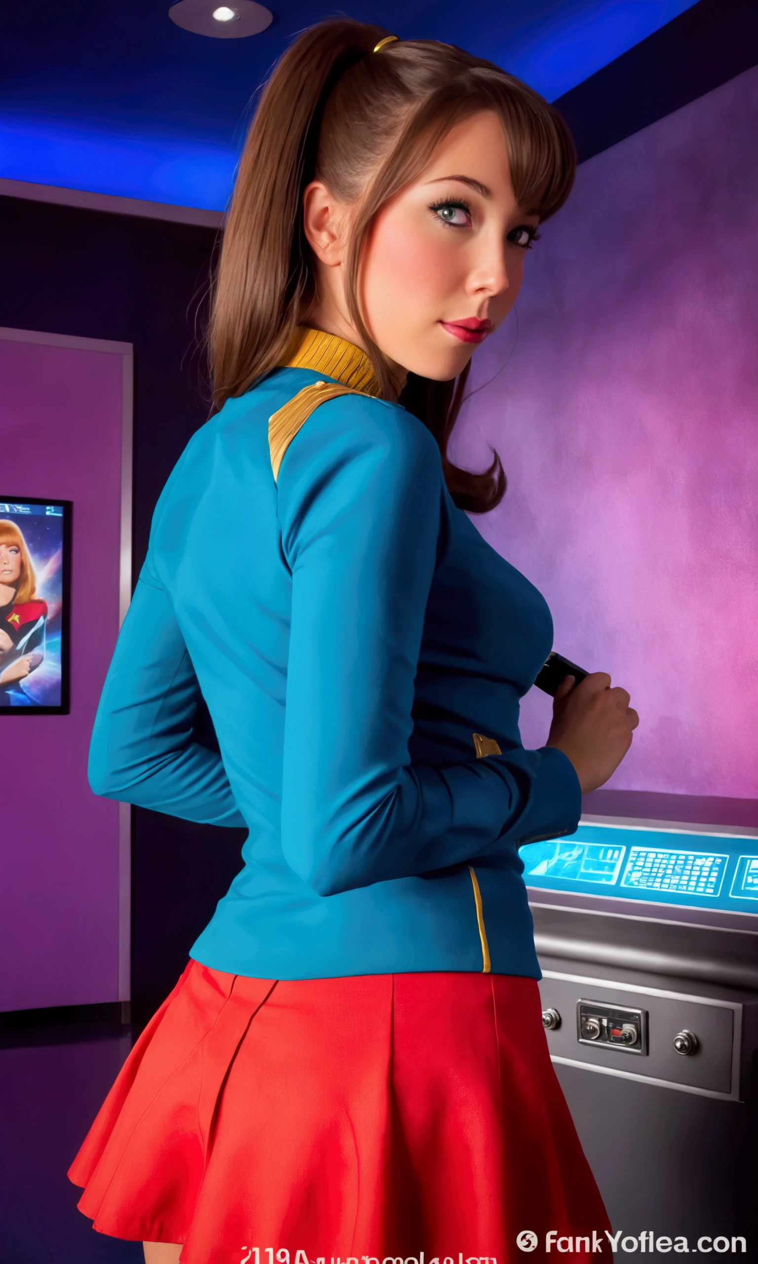 cute woman, 1girl, 25yearsold, amazing butt, 1960s star trek miniskirt uniform, happy go lucky new yeoman on the starship enterprise, extremely detailed face and eyes, beautiful detailed lips, longeyelashes, photorealistic, 8k, hyperdetailed, masterpiece, high quality, cinematic lighting, vibrant colors, retro sci-fi, 1960s aesthetic, futuristic, dynamic pose