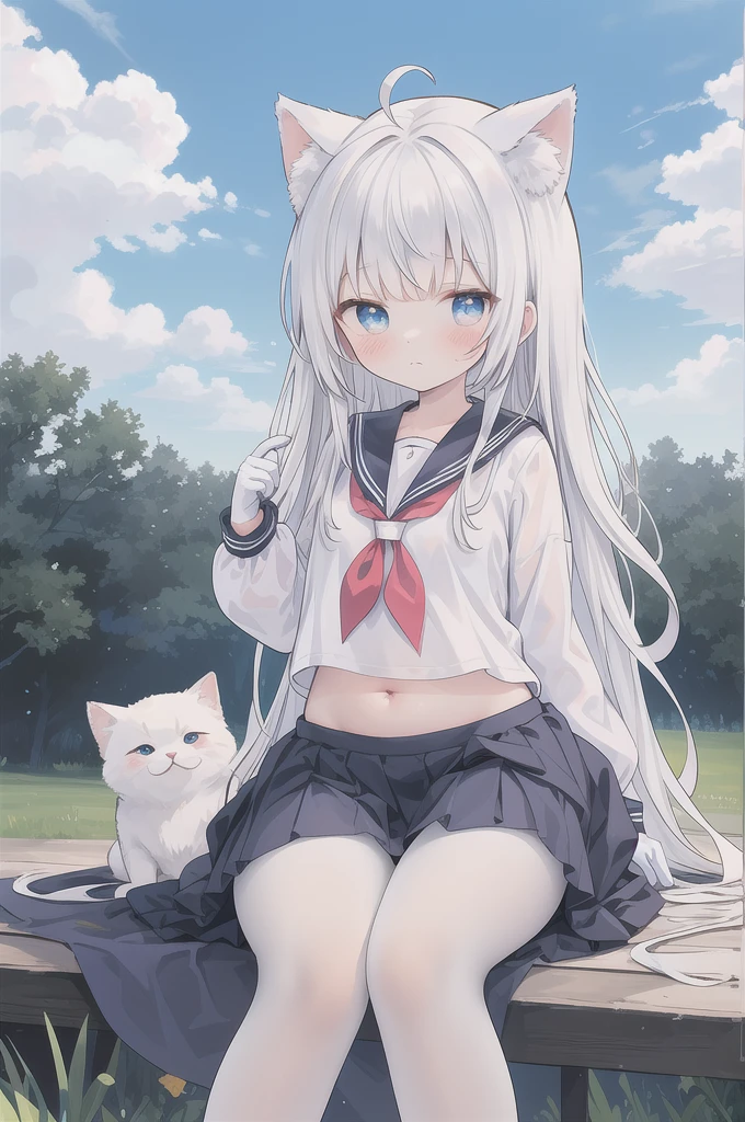 (masterpiece, best quality),a , solo, Bold clothes, skirt, sky, sitting, pantyhose, serafuku, cloud,black gloves, neckerchief ,day, bangs, shirt, ahoge, long hair, white pantyhose, black hair, school uniform, white sailor collar, Purple blue eyes, Pink white hair, sailor collar, blue skirt, red neckerchief, blue serafuku, animal ears, blue sky, long sleeves, blue shirt, looking at viewer, closed mouth,cat ears, pleated skirt, Ruffle, cloudy sky, cute, beautiful eyes, delicate pupils, miniskirts, belly button