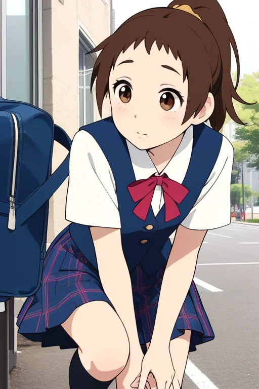 Yoshioka Haru ,  elementary school girl,blue plaid uniform, miniskirt ,  ponytail,  Brown Eyes , Brown Hair,One person,school bag, semen is overflowing from the vagina